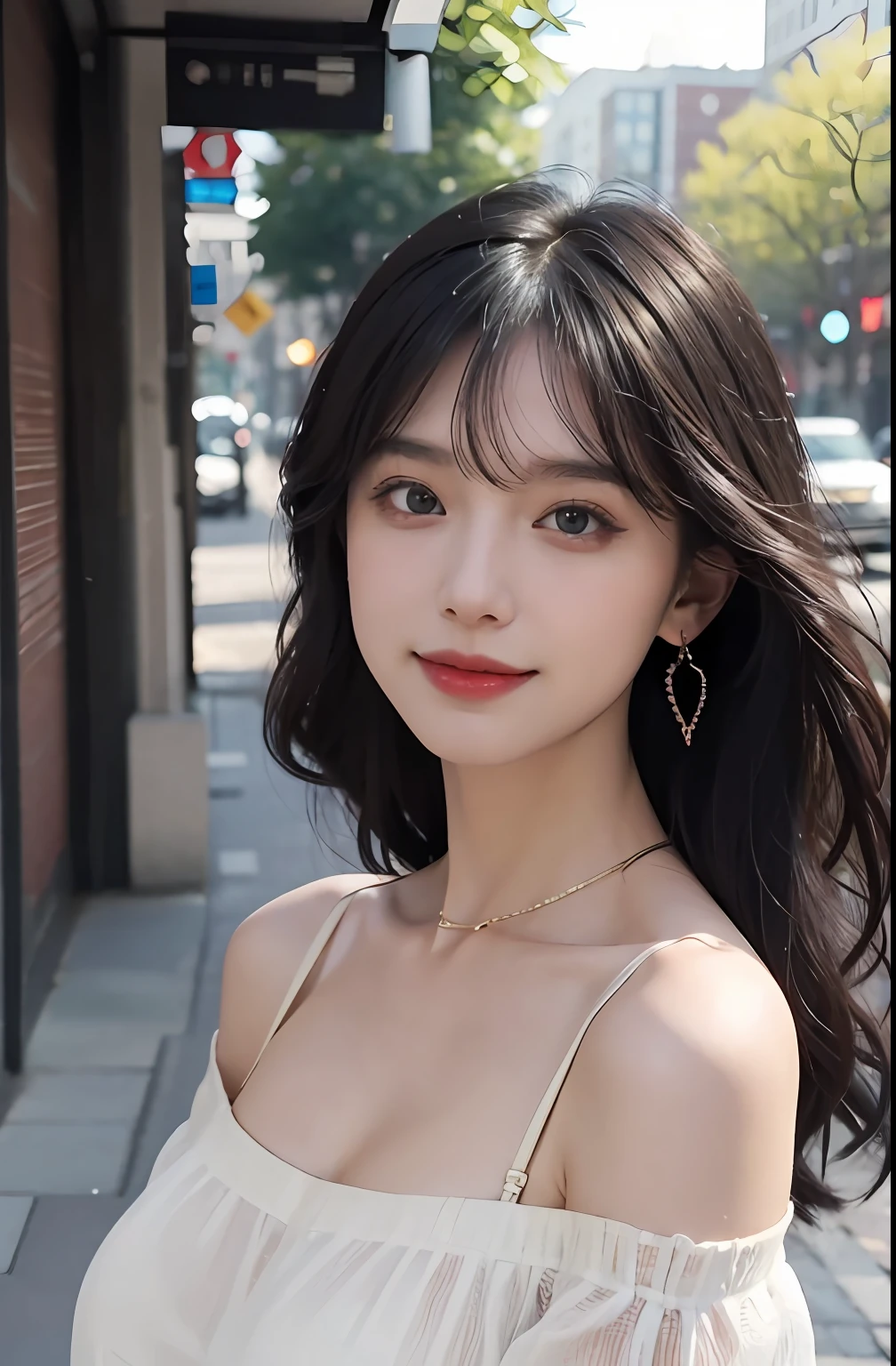 ((jon,Black color hair)), randome pose, (An extremely delicate and beautiful work), (tmasterpiece), 1girll, Red random costume,Shoulders are heavy, highly detailed, long whitr hair, Enchanted smile, beautiful and clear eyes, delicatenecklace, Delicate earrings, Extreme detail description, big breasts beautiful,s delicate face, fine collar bone,lovely lips, Behind the softness, mix4,(8K, RAW photos, best qualtiy, tmasterpiece:1.2), (realisticlying, photograph realistic:1.4), 1girll, adolable, Sunny streets, profesional lighting, photon maping, Radio City, physically-based renderingt, full bodyesbian