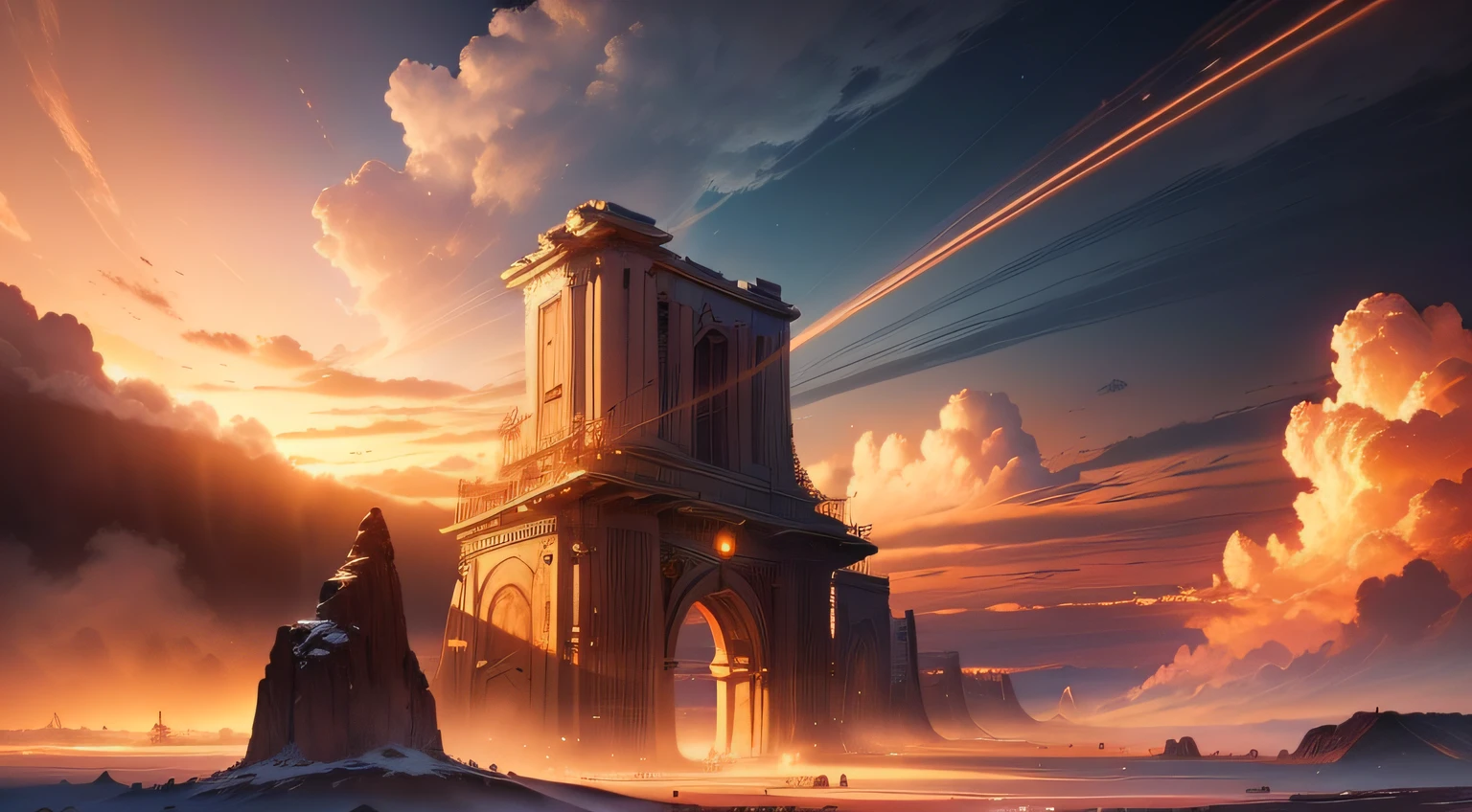 (extremely detailed CG unity 8k wallpaper, masterpiece, best quality, ultra-detailed),(best illumination, best shadow, heavenly golden sky gate, beautiful scene, voluminous clouds:1.2, particles, ethereal atmosphere)