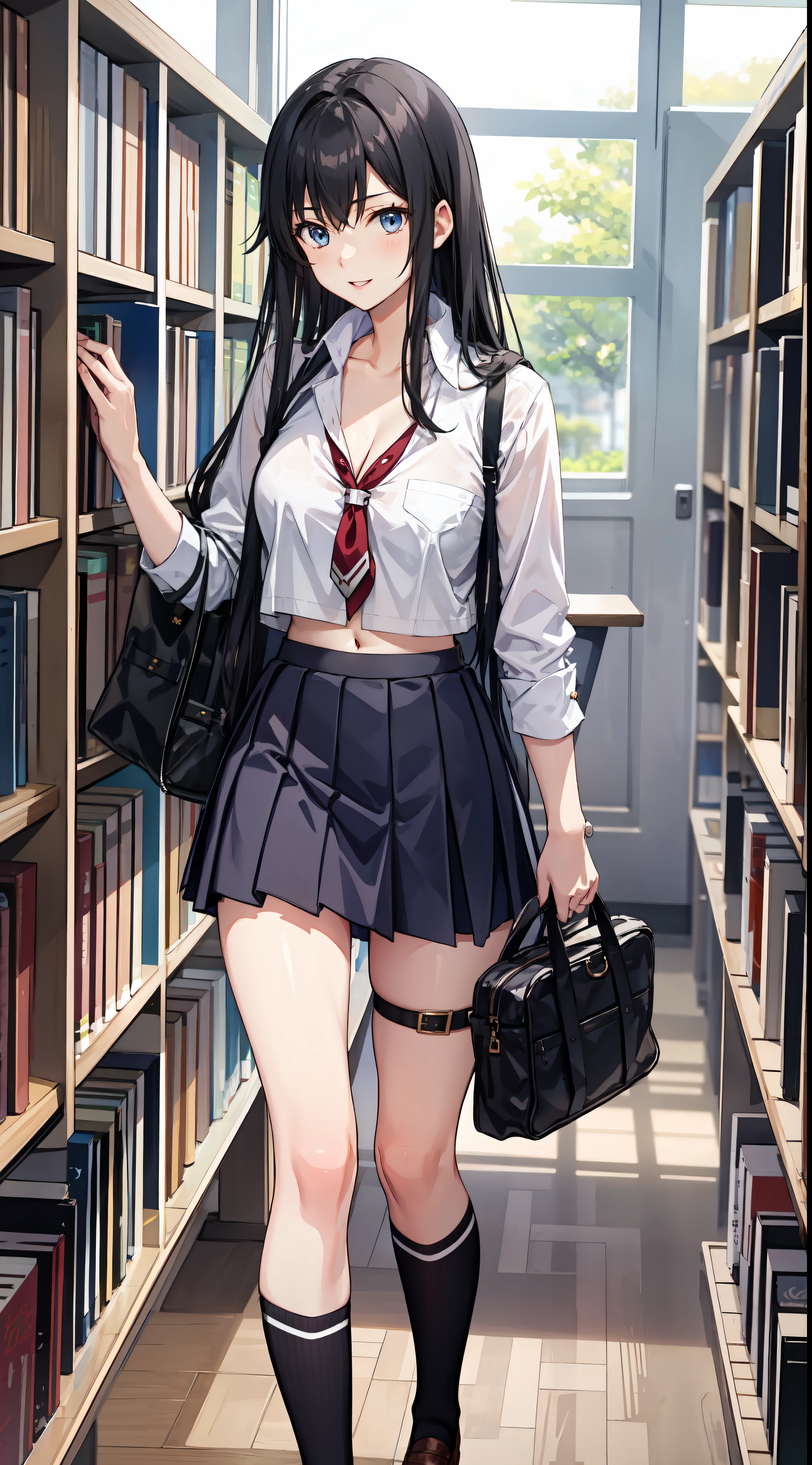 Yukino yukinoshita, long hair, cleavage, navel, slim legs, black hair, blue eyes, short skirt, thigh high socks, teen, happy, school uniform, library, standing