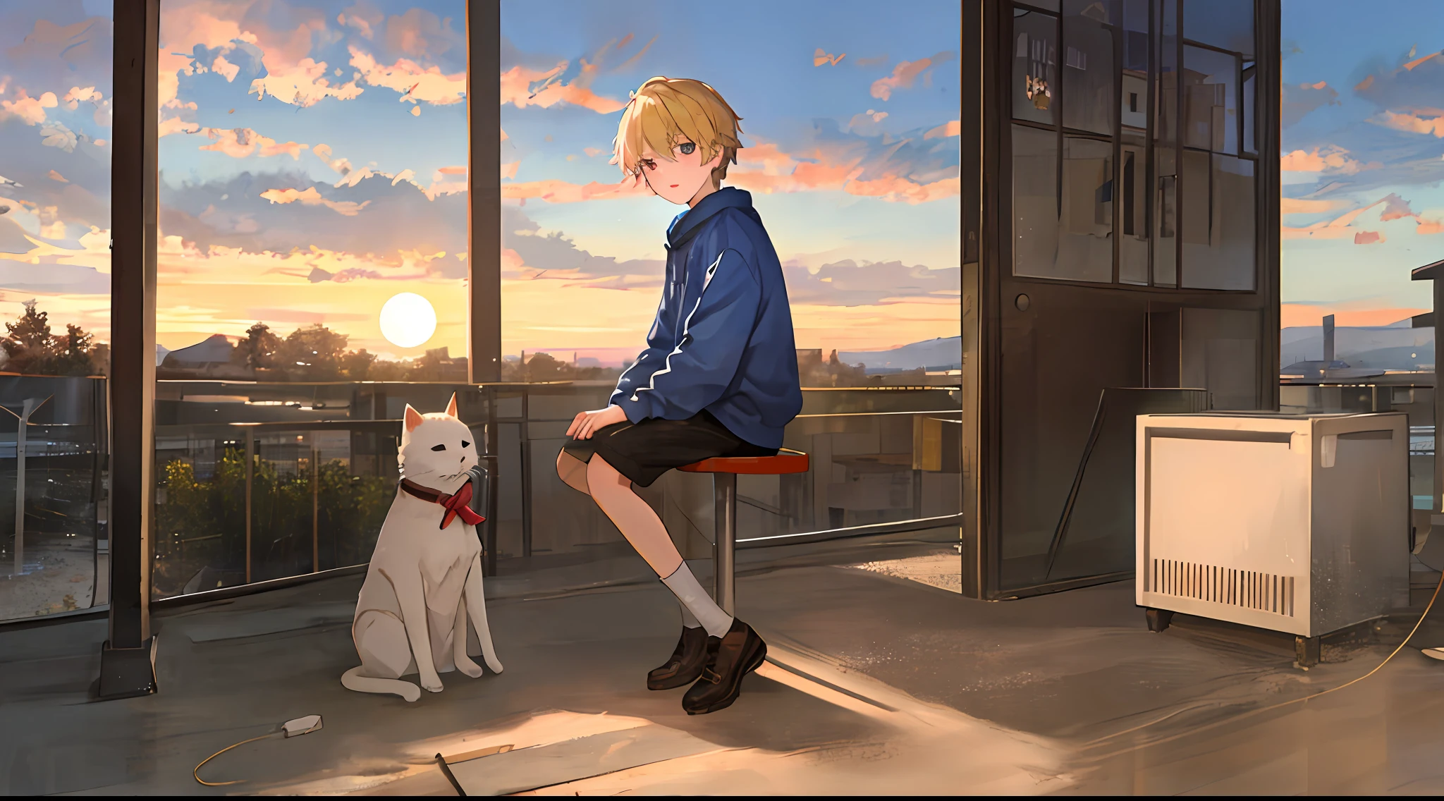 Handsome little boy in sweatshirt(Blonde hair color,Anime face,adolable)(Anime)Sit on the roof,looking at the distance(themoon,rays of moonlight,Moonlight)(Clouds, Blue sky, Sunset)Grief and thinking about life(grieves)Depressed(There is a sense of picture)Good effect,Nice background and beautiful scenery,The picture has a sense of color,The little boy squatted next to him with a small pet(Loving)Strong sense of picture,Picture harmony,Impeccable