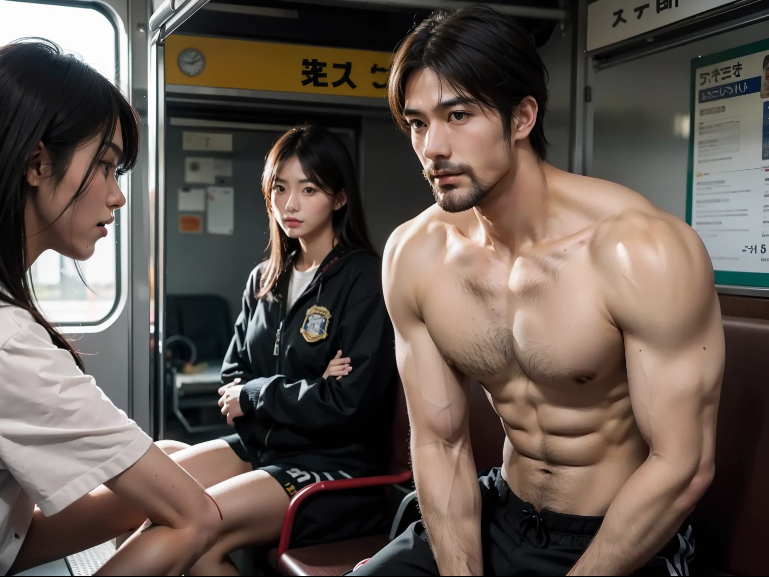 realisticlying, best qualtiy, tmasterpiece, 3 people, Delicate eyes, Detailed face, Inside a Japanese train, Single mature male, tall muscular guy, lbeard, fireman, Female physical education teacher