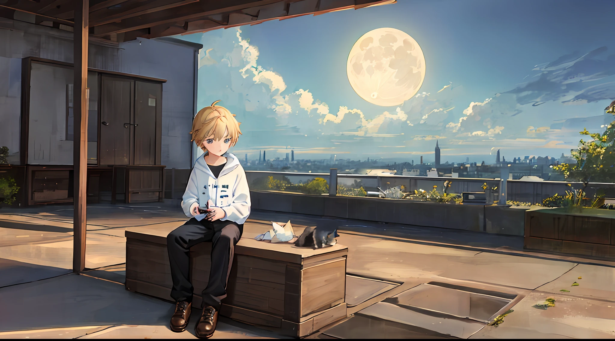 Handsome little boy in sweatshirt（Blonde hair color，Anime face，adolable）（Anime）Sit on the roof，looking at the distance（themoon，rays of moonlight，Moonlight）（Clouds, Blue sky, Sunset）Grief and thinking about life（grieves）Depressed（There is a sense of picture）Good effect，Nice background and beautiful scenery，The picture has a sense of color，The little boy squatted next to him with a small pet（Loving）Strong sense of picture，Picture harmony，Impeccable