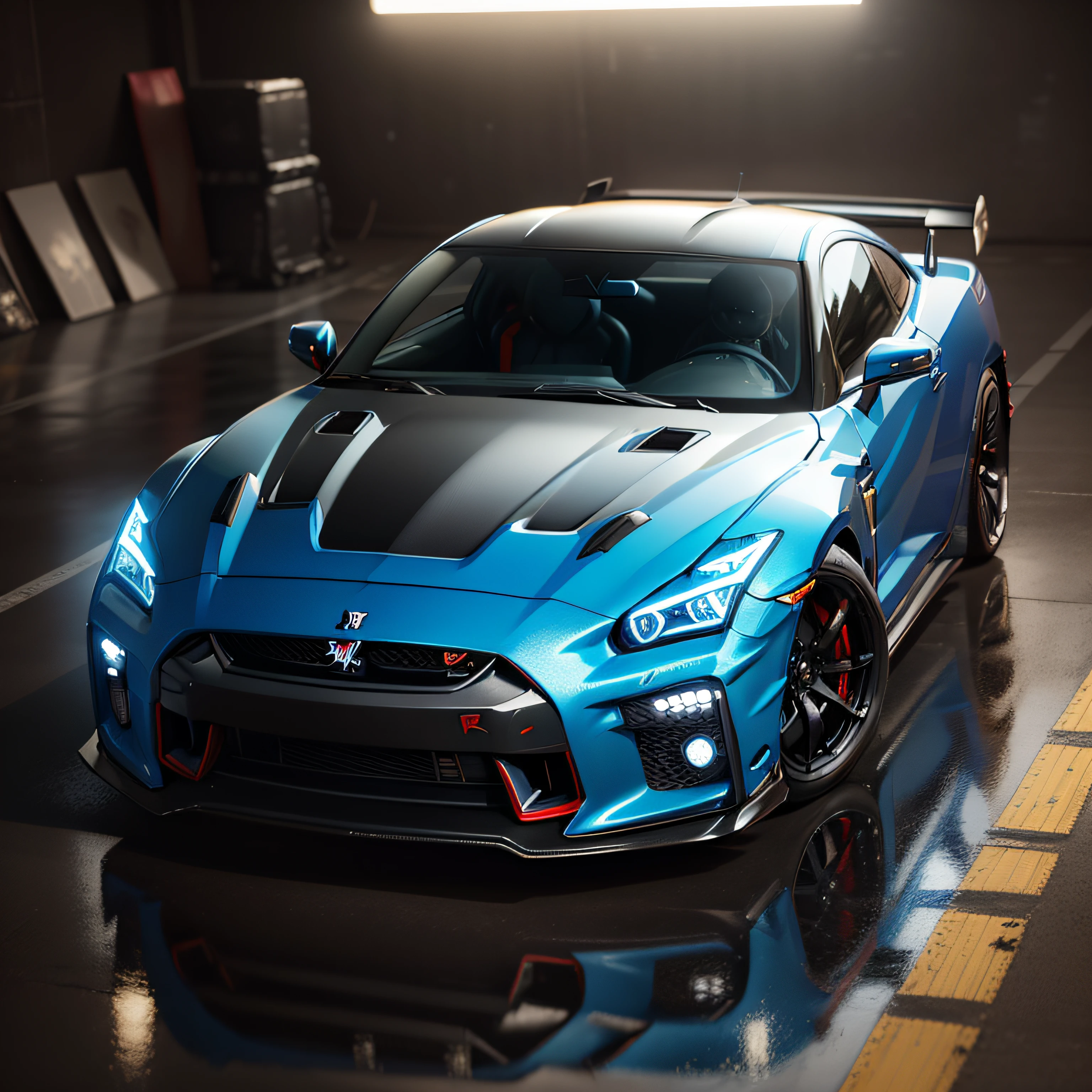 Full-length long shot (wide shot), blue GT-R car, drafting, Video Style 8k ultra-realistic, photorealistic, photography lighting reflection mapping, photorealistic, movie quality rendering, vfx -, rtx ray tracing lighting, --ar 4:5((Best quality)), ((masterpiece)), (highly detailed:1.3), 3D, cyborg (cyberpunk:1.2) special forces