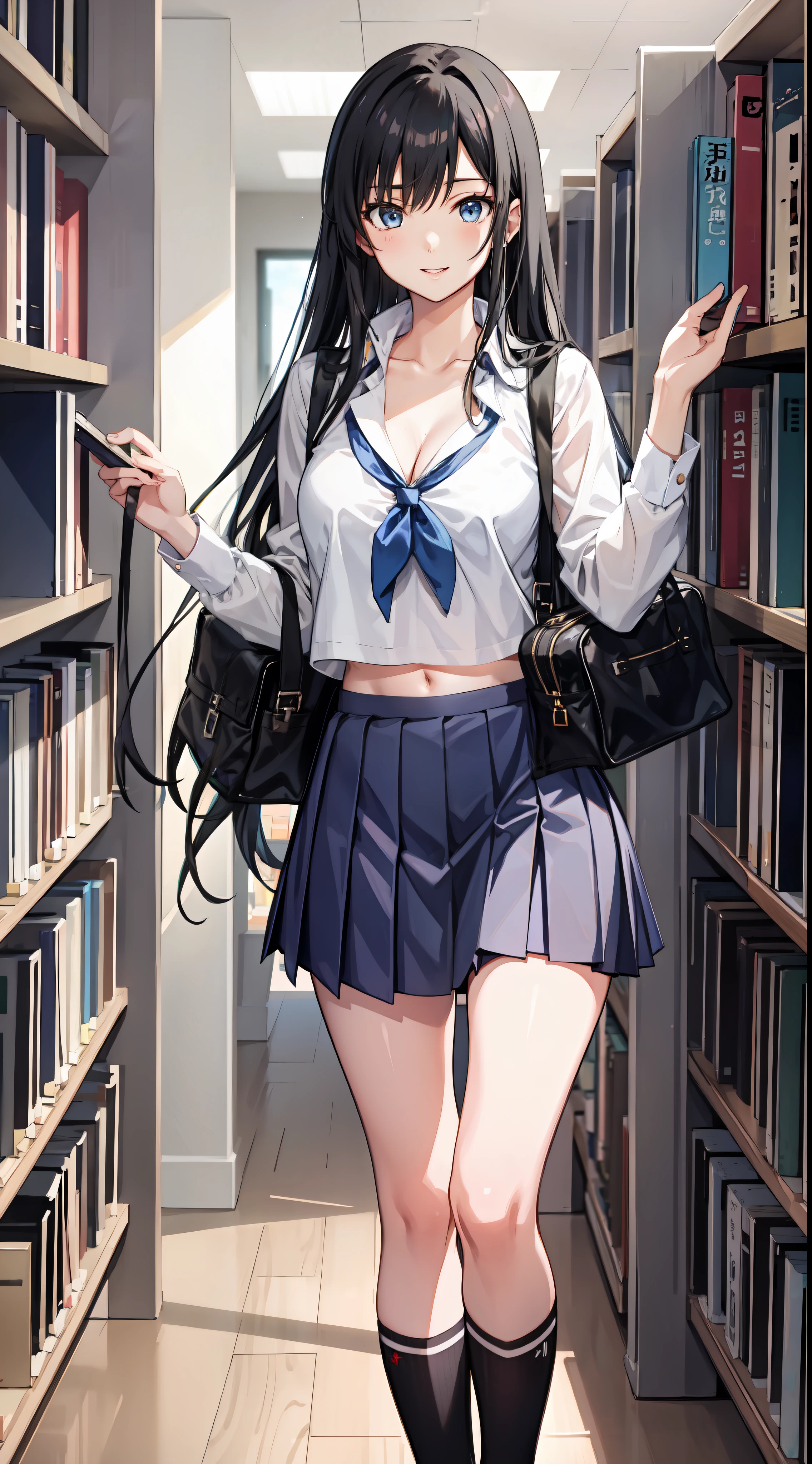 Yukino yukinoshita, long hair, cleavage, navel, slim legs, black hair, blue eyes,  short skirt, thigh high socks, teen, happy, school uniform, library, standing