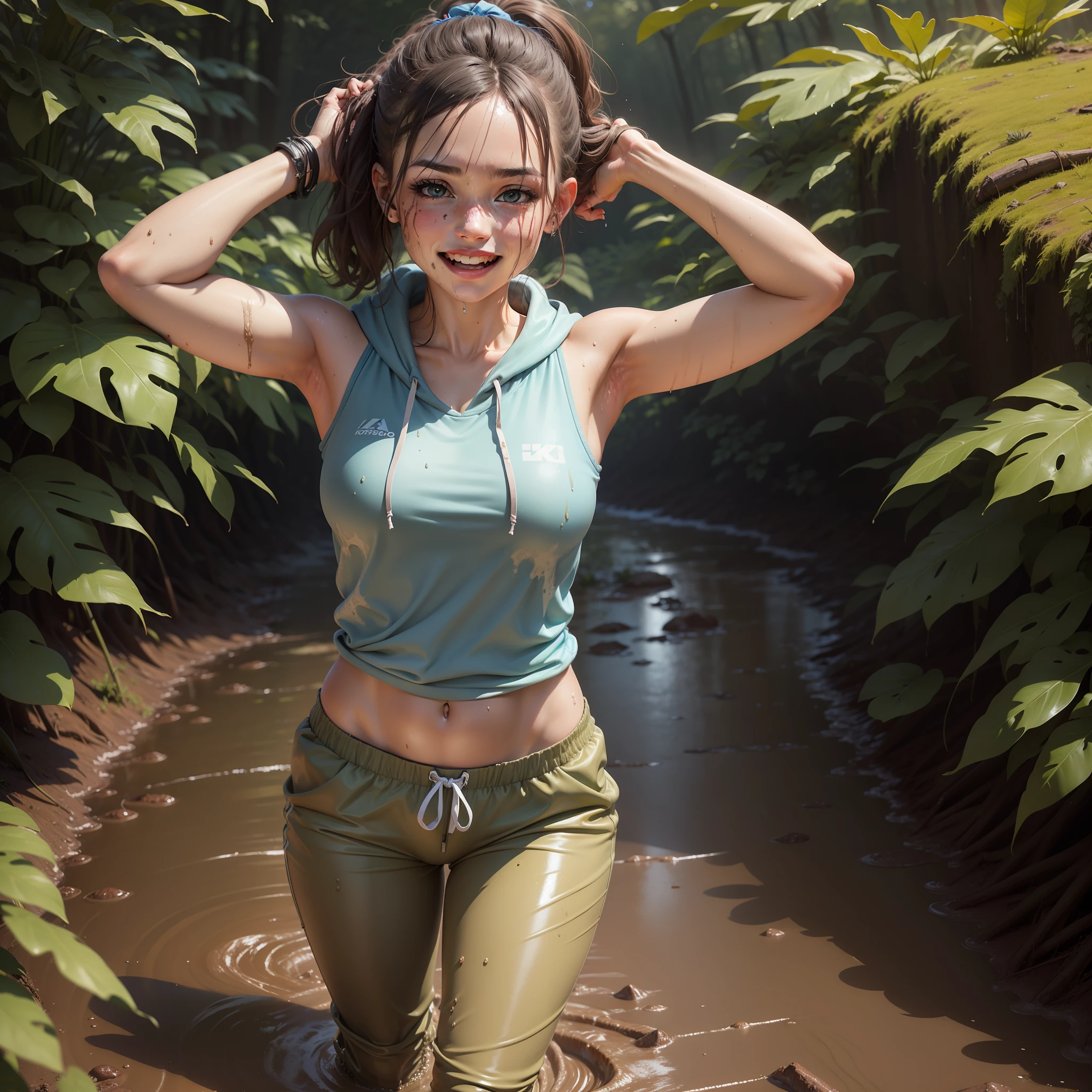 best quality, 8k, masterpiece, ultra high definition, a gorgeous woman standing in a "thick muddy" swamp with mud on her body and mud on her fleece jogging clothes and face. she is covered in mud, wet mud, gooey mud, thick mud, in a swamp, her face muddy and sweaty, thick mud on her body, mud on her abs, slim abs, gooey mud on her arms, thickmud smeared on her her face, muddy fleece pastel blue cropped sleeveless hoodie, muddy fleece pastel blue sweatpants, muddy running shoes, runner lady, standing in a muddy pond, covered with thick liquid mud, covered with mud. dslr, dressed as a runner, muddy attire, muddy fleece sweats, muddy running shoes, laughing, environmental portrait,