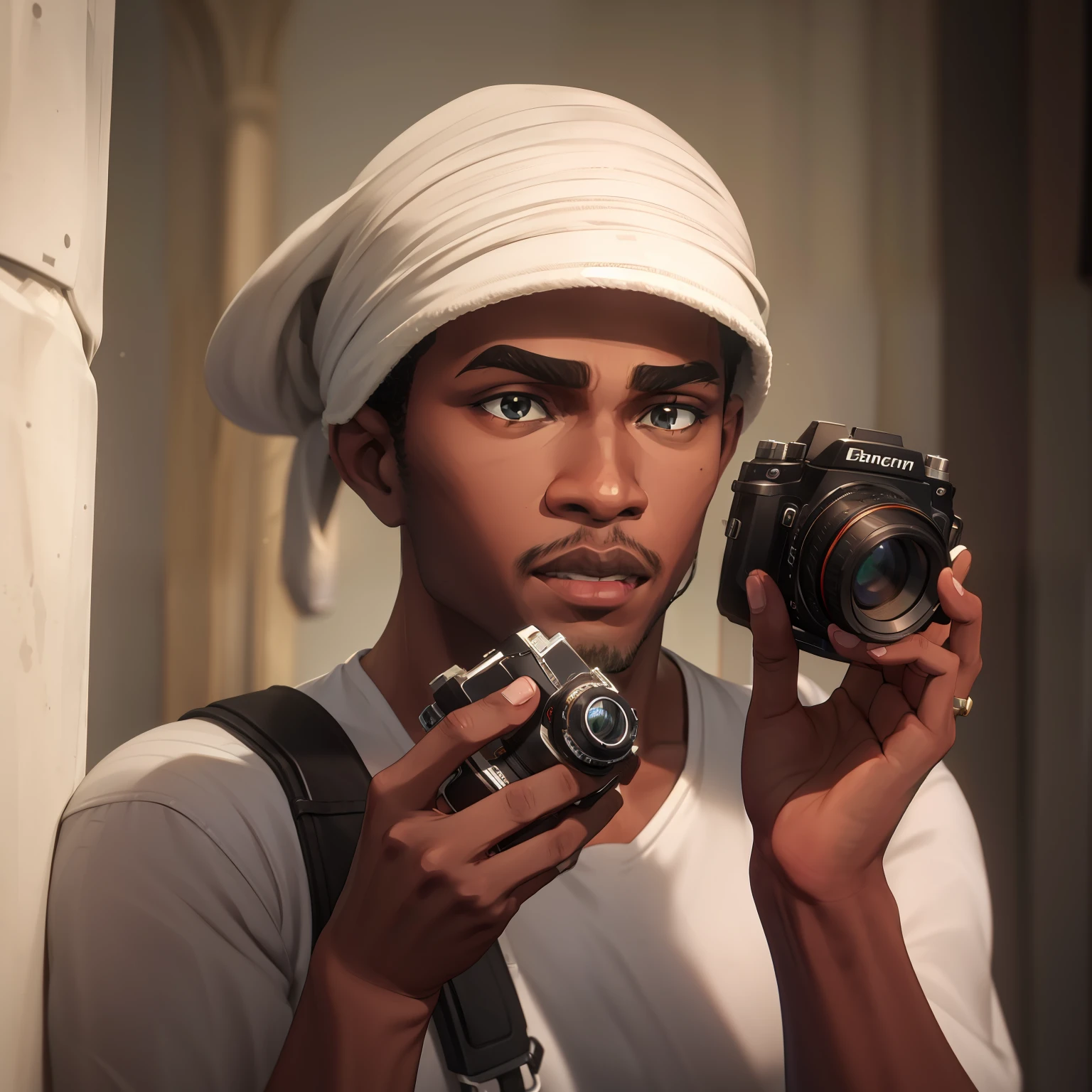 Black man with a camera in his hands(Generate multiple versions of the same character)