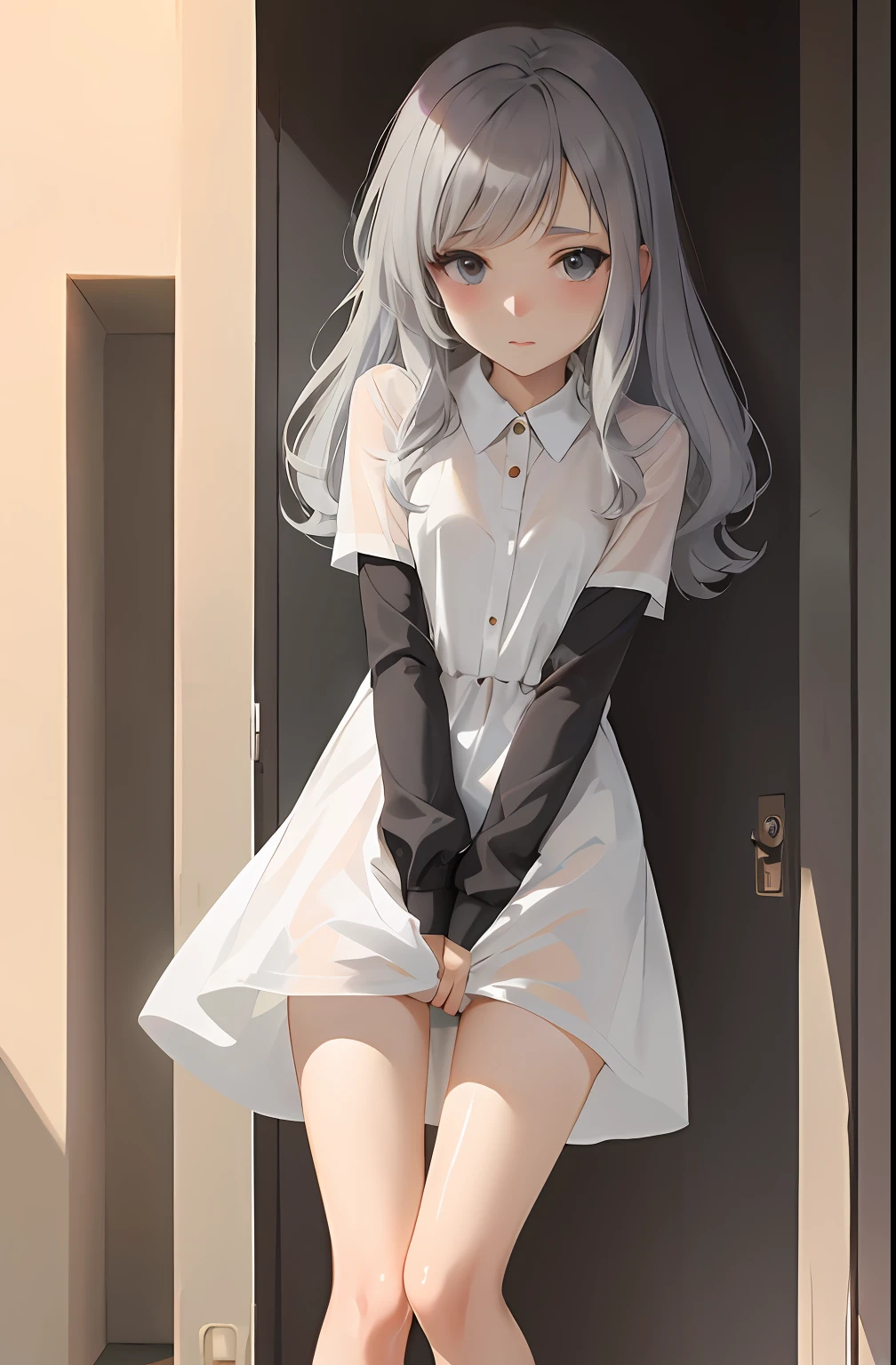 White dress posing for anime girl in front of door, in dress, cute elegant pose, cute anime