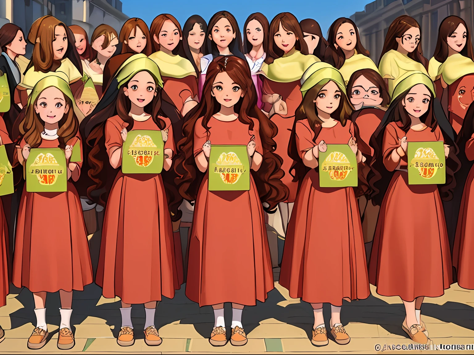 (masterpiece, best quality:1.2), ((large group, +100girls, sisters, crowd shot)), smile, looking at viewer, brown hair, long hair, curly hair, casual clothes, matching outfits, identical outfits, full body, park