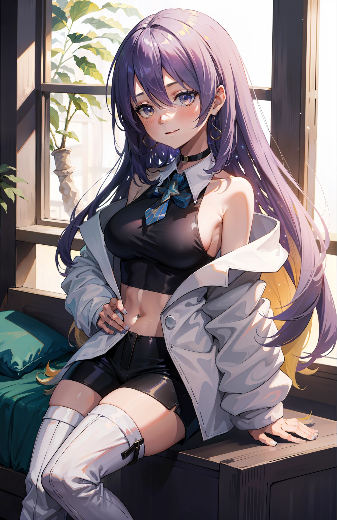 1girll, Star Nova Moon, Purple long hair, White jacket, short jeans pants, shorter pants, Crop top, show stomach, Bedroom, window, pillow head, Bed, Sitting, (Masterpiece:1.2), A high resolution, Best quality, 8K, Sexy pose, Blush, Shy, Smile, V-neck shirt, The middle chest is shown, Braided out, long socks, very short pants,