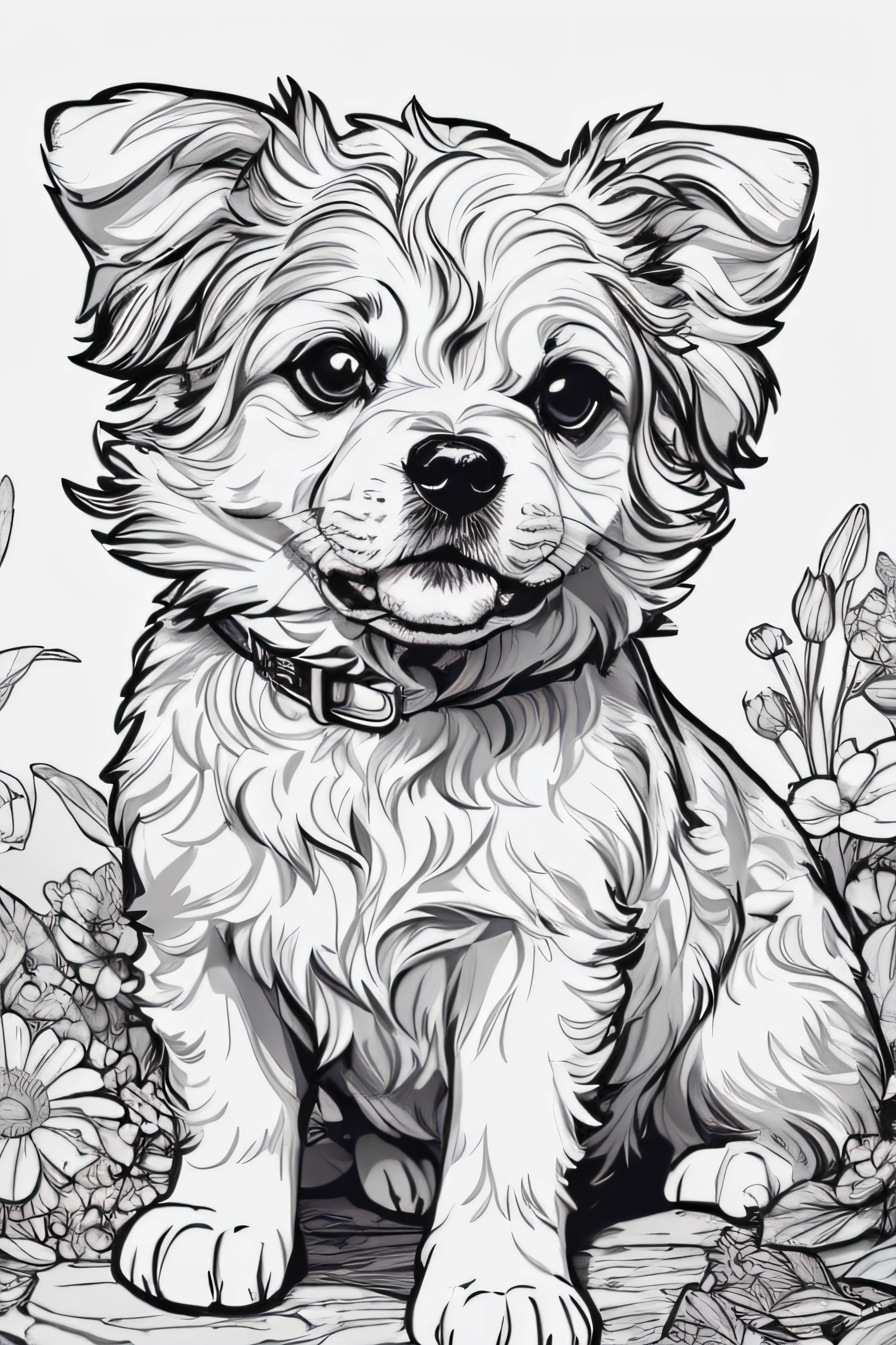 A cute Dog illustration Coloring page, front facing, line art, coloring page, white background, black and white only