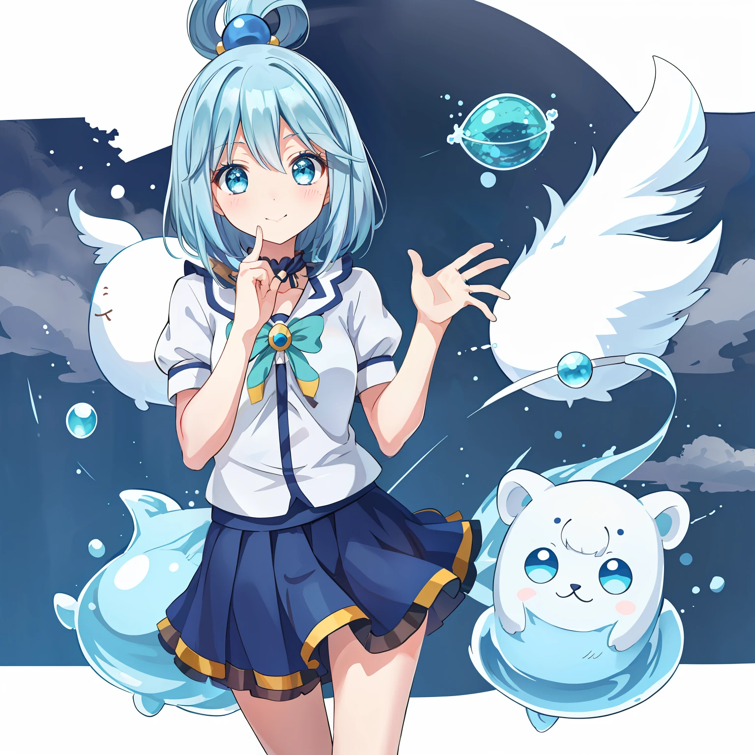 konosuba, captura de tela do anime, anime coloring, 1menina (aqua), cabelo comprido, solo, boca aberta, sorriso, corpo inteiro, head tilt, cabelo azul, olhos azuis, mangas separadas, botas altas, ao ar livre, sol, brazi, rio, ornamento de cabelo, fundo simples, ombros nus, single hair ring, green bow, de frente para o espectador, camisa azul, feliz, hands crossed, na floresta.,