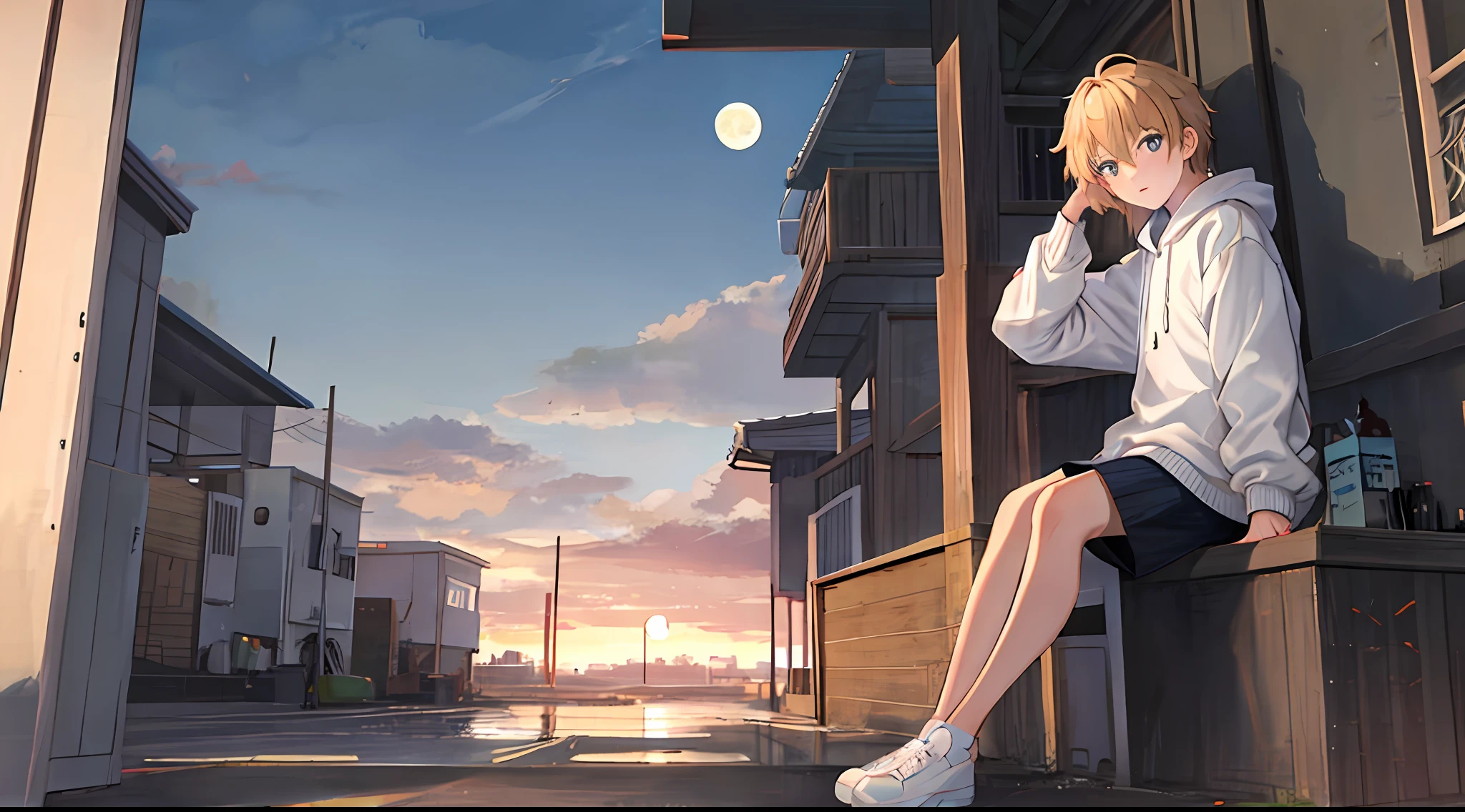 Handsome in sweatshirt(Blonde hair color,Anime face,adolable)(Anime)Sit on the roof,looking at the distance(themoon,rays of moonlight,Moonlight)(Clouds, Blue sky, Sunset)Grief and thinking about life(grieves)Depressed(There is a sense of picture)Good effect,Nice background and beautiful scenery,The picture has a sense of color,Strong sense of picture,Impeccable