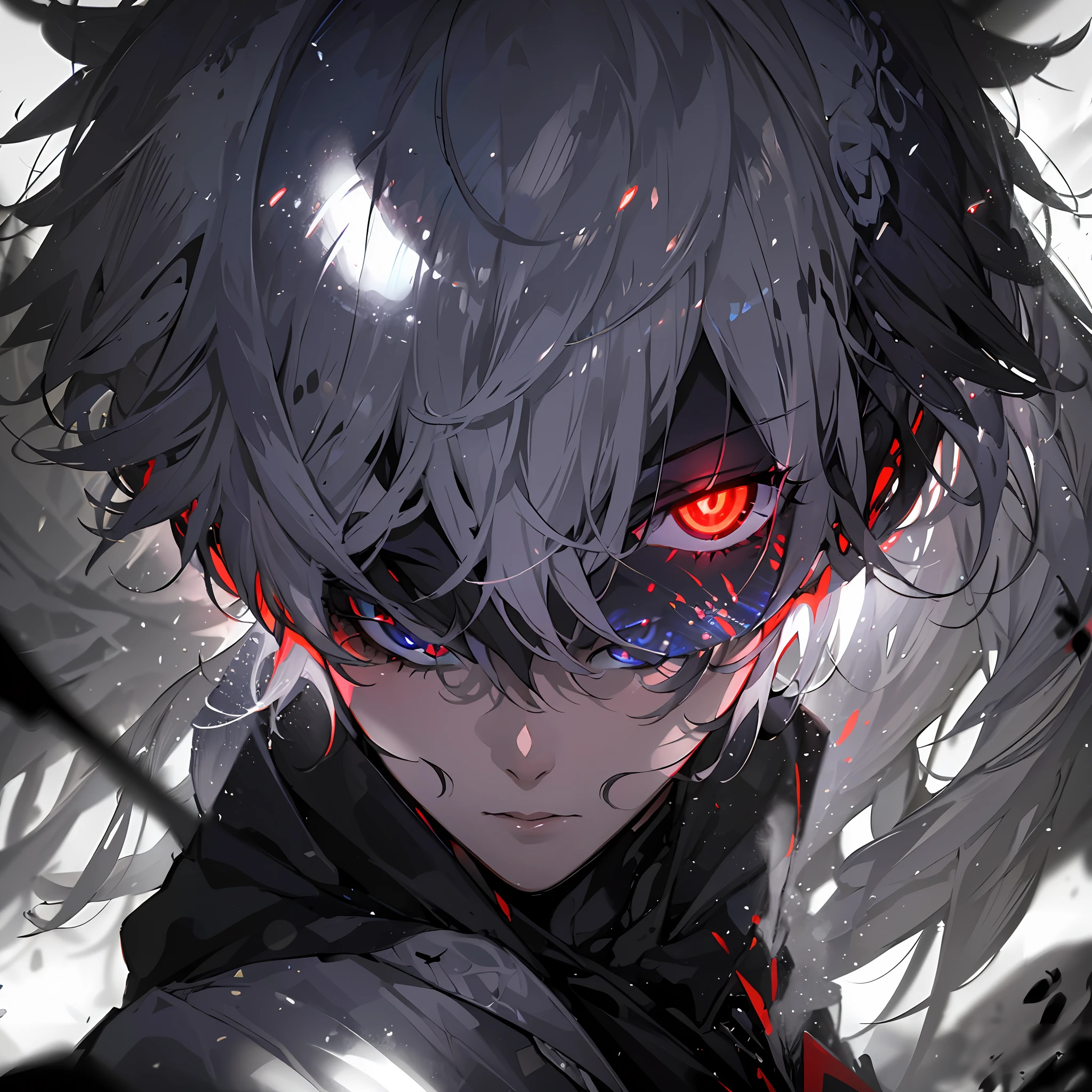 (absurdres, highres, ultra detailed),(Masterpiece, best quality:1.2),Anime boy with white hair and red eyes staring at the camera, glowing red eyes,slim, wearing a black outfit,shadow body,dark, monochrome, wallpaper,