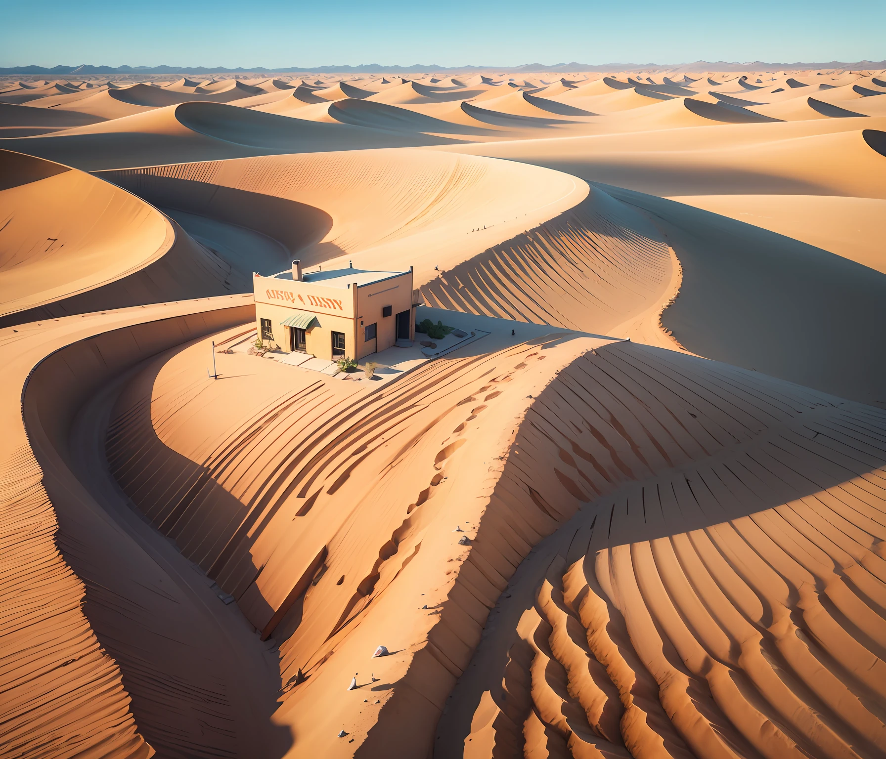 a desert with a litthe store far away, drone vision --auto --s2