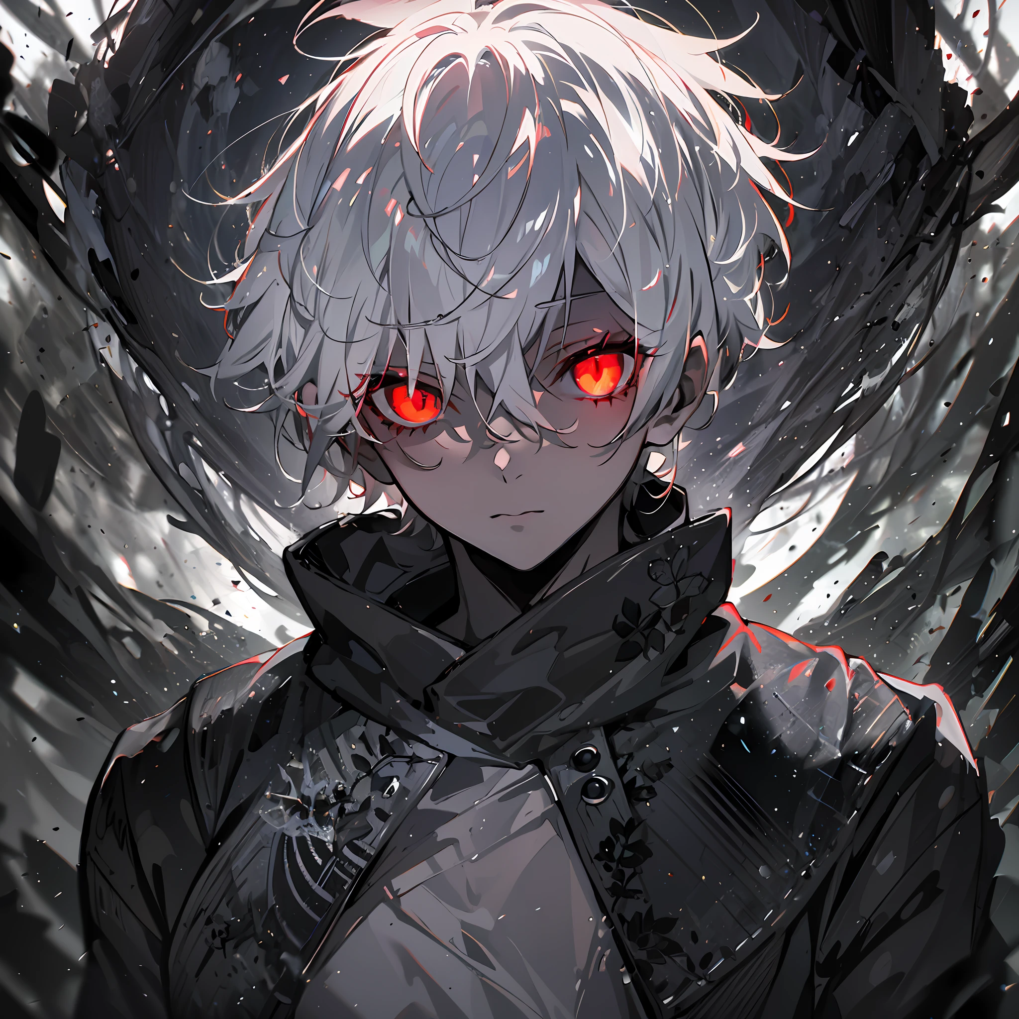(absurdres, highres, ultra detailed),(Masterpiece, best quality:1.2),Anime boy with white hair and red eyes staring at the camera, glowing red eyes,slim, wearing a black outfit,shadow body,dark, monochrome, wallpaper,