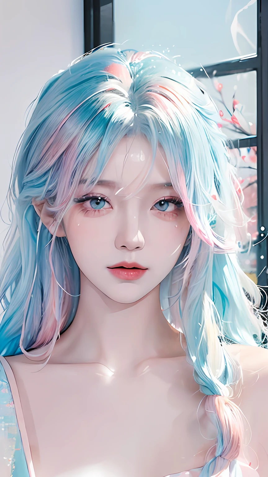 (Masterpiece, Best Quality, High Resolution), White Background, Acrylic Paint, ((Color Splash, Splash of Ink, Color Splash)), Sweet Chinese Girl, Long Light Blue Hair, [Light Blue|Pink] Hair, Curly Hair, Glitter, Peach Lips, White Shirt, Front, Upper Body