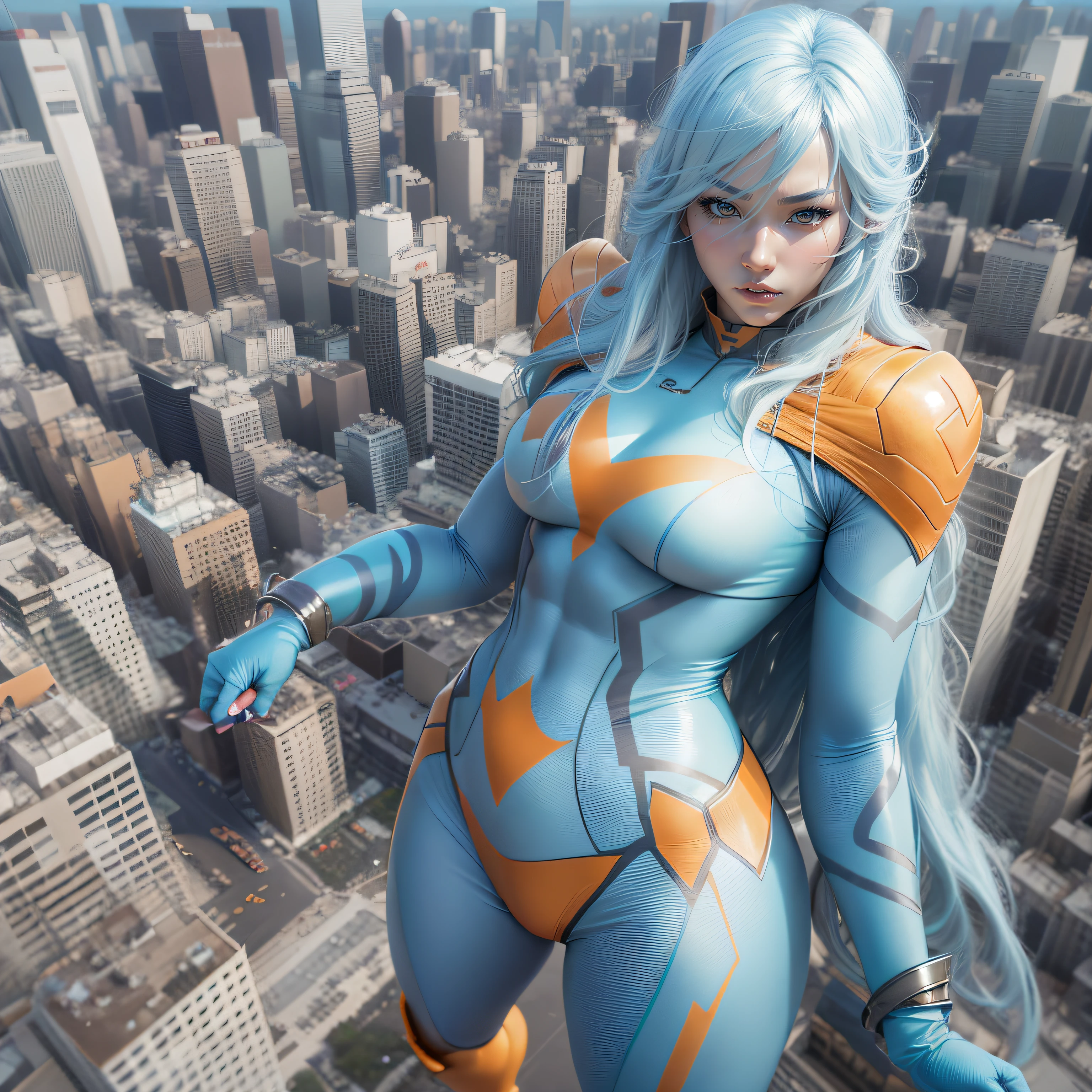 A giant, beautiful Japanese female superhero destroying a city, she has long light blue hair, a gray and orange superhero suit, giantess, giantess destruction, giantess art, giantess shot, giant woman, 4kHD, hyper realistic, hyperrealism, real person, fit body type, extreme detail, more body detail, fix hands, fix face