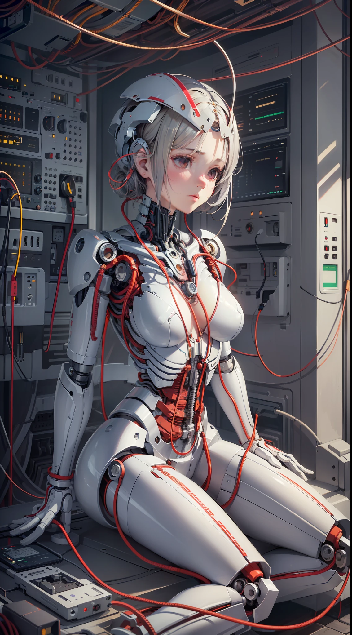 (((masterpiece))), ((((best quality)))), (((ultra-detailed))), (highly detailed CG illustration), ((an extremely delicate and beautiful)),(cute delicate face),cinematic light,((1mechanical girl)),solo,full body,(machine made joints:1.4),((machanical limbs)),(blood vessels connected to tubes),((mechanical vertebra attaching to back)),((mechanical cervial attaching to neck)),((sitting)),expressionless,(wires and cables attaching to head and body:1.5),(character focus),science fiction