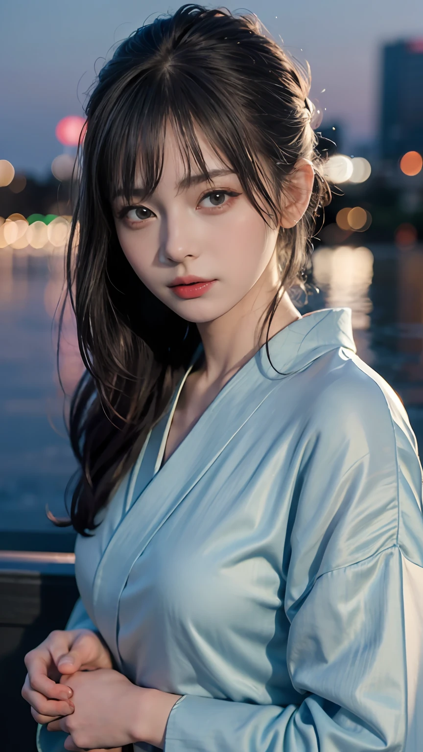 (8k, RAW photo, best quality, masterpiece:1.2), (realistic, photo-realistic:1.4), (extremely detailed CG unity 8k wallpaper), (1 girl:1.5), (in the hotel window at night with a view of the city light), Japan style beauty, (Light blue clothes: 1.4), red spots on forehead, pale skin, blush, big eyes, half body, potrait, nice pose, light blue kimono, kimono girl, omnyoji, kagura,