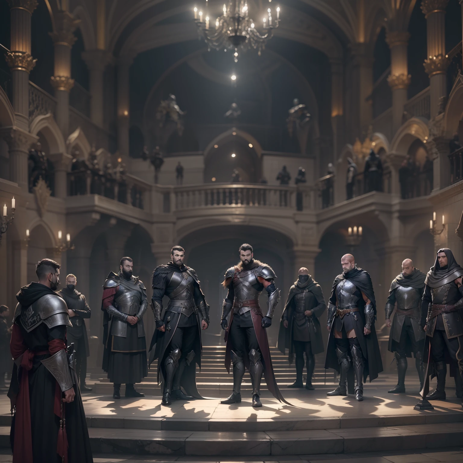image of men dressed in black RPG warrior outfits with silver shoulder pads, standing in a large royal hall