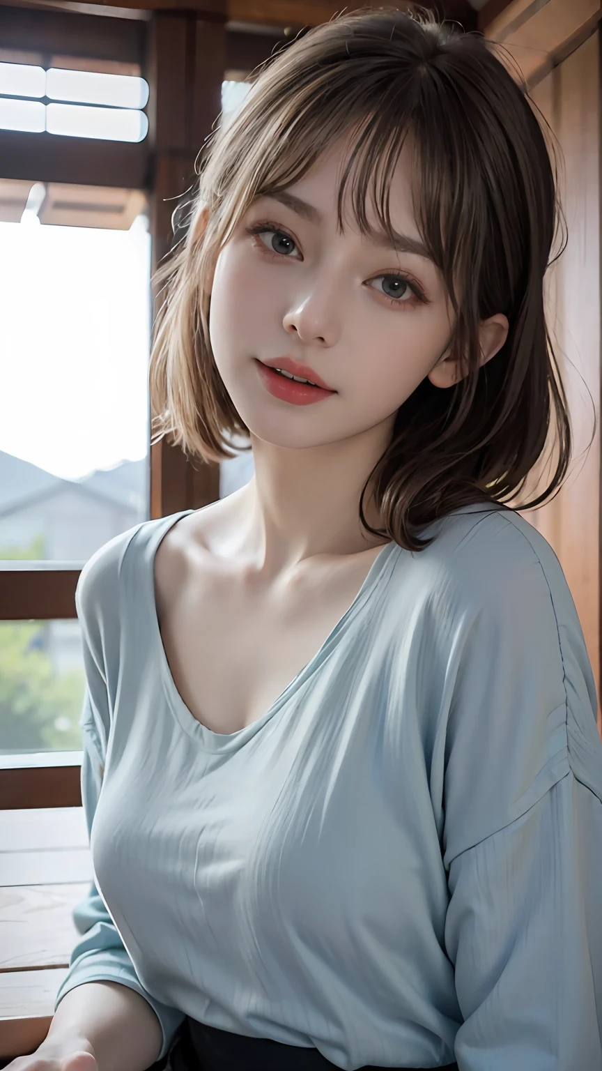 (8k, RAW photo, best quality, masterpiece:1.2), (realistic, photo-realistic:1.4), (extremely detailed CG unity 8k wallpaper), (1 girl:1.5), Japan style beauty, (Light blue clothes: 1.4), red spots on forehead, pale skin, blush, big eyes, half body, potrait, sitting at the cafe, light blue kimono, kimono girl, omnyoji, kagura,