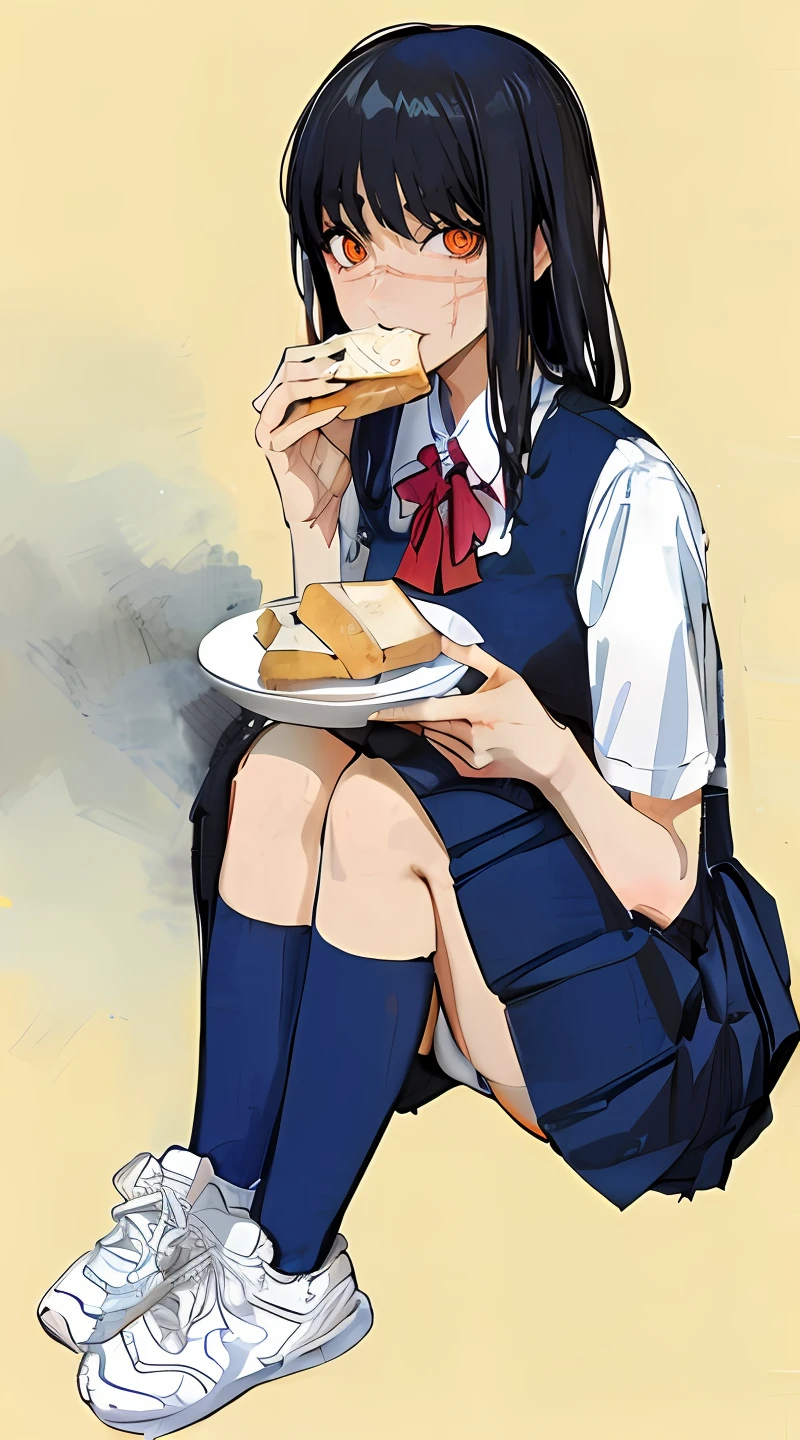 anime girl eating a bread and wearing a school uniform, anime food, fubuki, rumiko, the anime girl is sitting, rei hiroe, hinata hyuga, anime visual of a cute girl, emo girl eating bread , yoru, eating, having a snack, eating cheese, beautiful anime high school girl, Yoru (chainsaw man) orange eyes (((((black ringed eyes))))) tight white visible panties ((cameltoe))