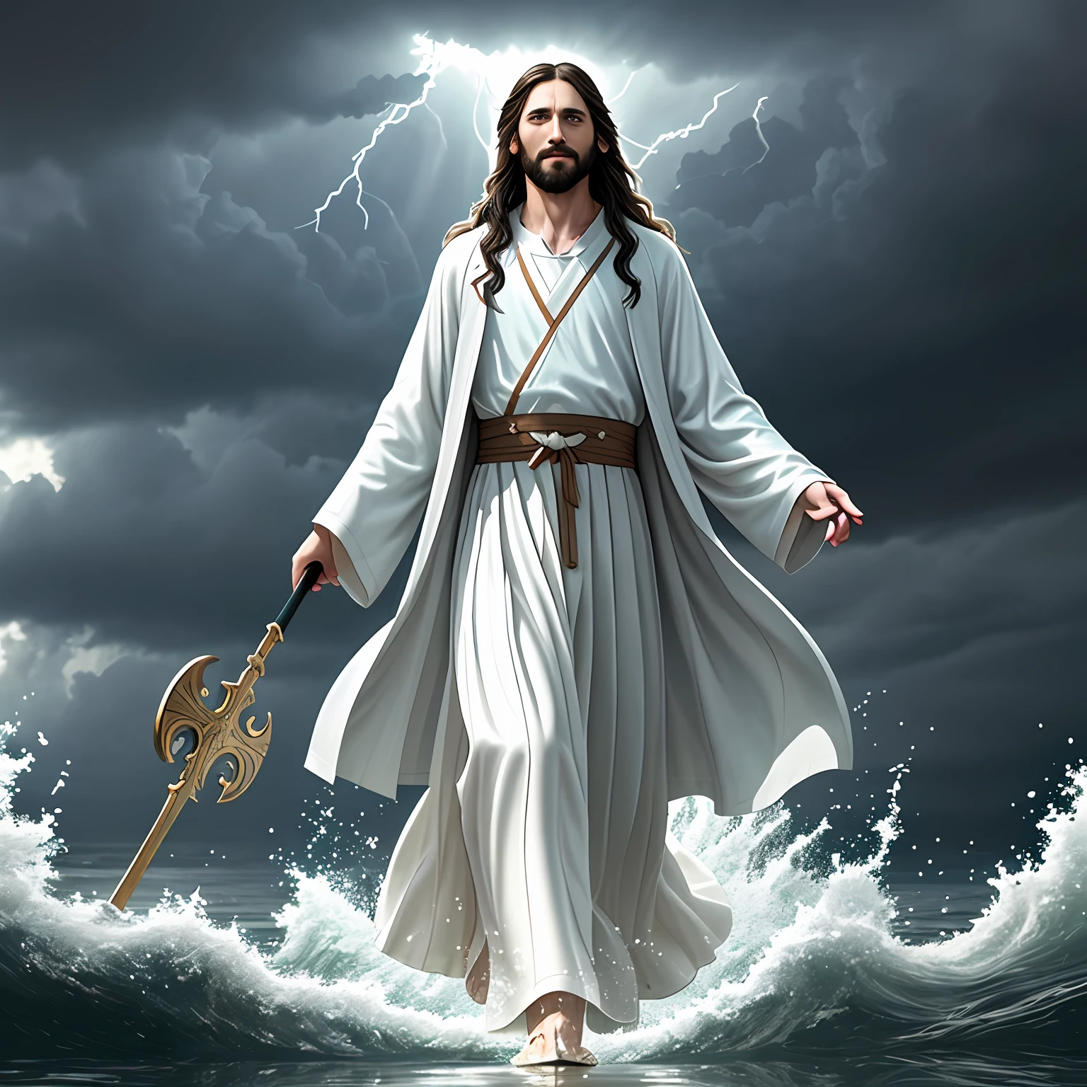 jesus walking on water in a storm, masterpiece, best quality, high quality, extremely detailed CG unit 8k wallpaper, award winning photography, Bokeh, Depth of Field, HDR, bloom, Chromatic aberration, photorealistic, extremely detailed, trending on artstation, trending on CGsociety, intricate, high detail, dramatic, mid-journey art, volumetric lighting