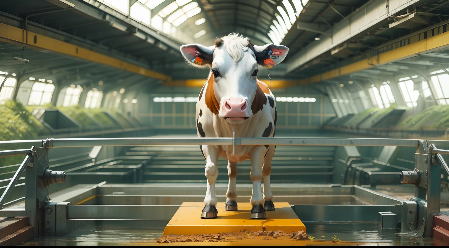 " cow, standing in a steel plataform, arte digital, animal, bovino, futuristic, Gran profundidad de campo, UHD"