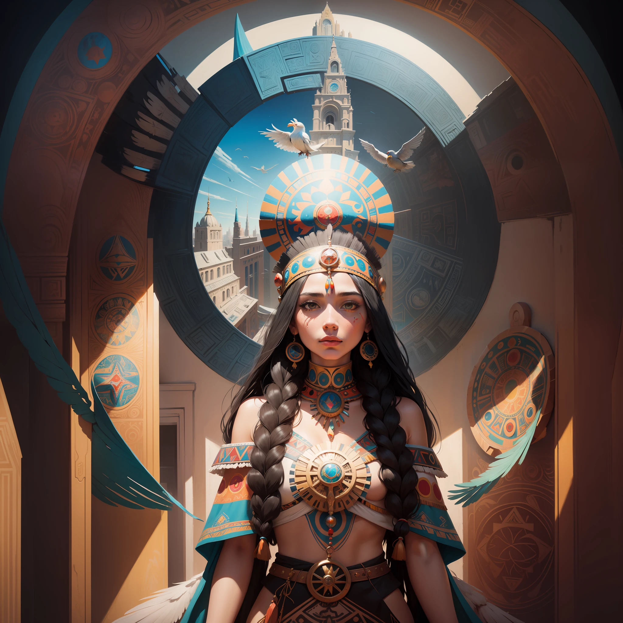 painting of a woman with a headdress and a bird in a city, visionary painting, native american folk art, inspired by Jodorowsky, 62 x 47 inches, illustrative and abstract, giant aztec space city, abstract surrealism masterpiece, metaphysical painting, inspired by Ilya Glazunov, contest winning masterpiece, a dream, dream ethnology