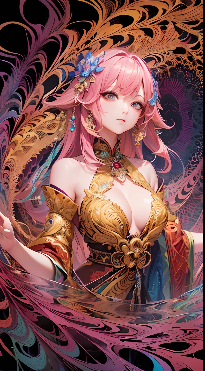 (masterpiece, top quality, best quality, official art, beautiful and aesthetic:1.2), (1girl:1.3), extremely detailed,(fractal art:1.2),colorful, highest detailed, (zentangle:1.2), (dynamic pose), (abstract background:1.5), (treditional dress:1.2), (shiny skin), (many colors:1.4), upper body, yae miko, pink hair, shine hair,arm pit pose very detailed --auto