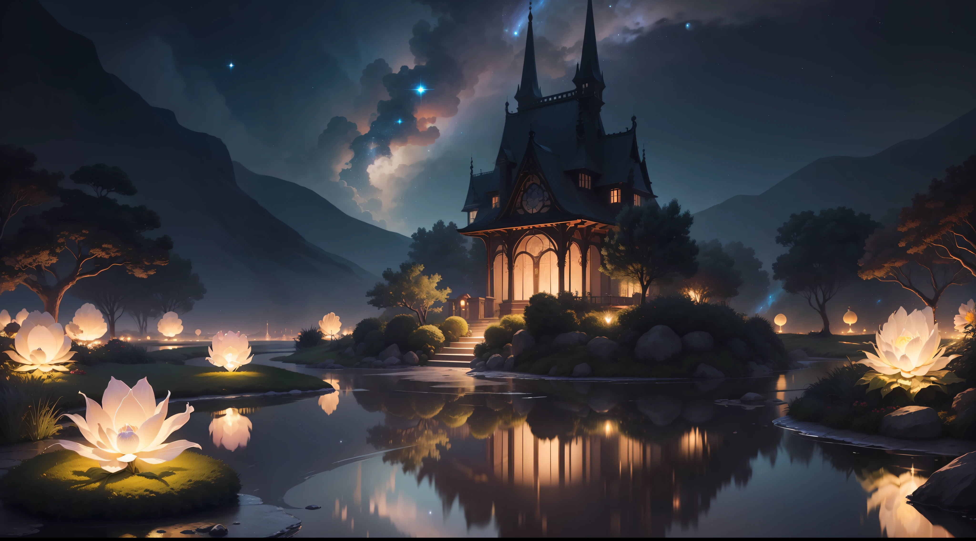 Imagine a breathtaking celestial garden suspended in the vastness of space, bathed in the soft glow of distant stars. The scene is an ethereal blend of natural beauty and cosmic wonder, sure to captivate anyone who gazes upon it.

The centerpiece of the garden is an enchanting, luminescent tree with iridescent leaves that seem to radiate with every color of the rainbow. This mystical tree stands tall and proud, its branches stretching out like tendrils towards the surrounding celestial bodies.

The garden is set upon a floating island, adorned with a carpet of lush, celestial flora. Flowers of unimaginable hues bloom amidst floating rocks, each petal exuding a faint, twinkling glow. Unearthly vines, with tiny star-like fruits, gracefully wrap around crystalline pillars that support the island.

Gentle, cascading waterfalls shimmer with a pearlescent hue, flowing from one floating rock to another, creating a soothing symphony of sound. As the water descends, it forms a small pond, reflecting the surrounding celestial wonders like a mirror.

In the distance, majestic planets and distant galaxies adorn the cosmic horizon, their vibrant colors illuminating the garden with cosmic radiance. Shooting stars streak across the sky, leaving trails of stardust that add a touch of magic to the scenery.

The entire garden is bathed in a surreal, cosmic light, casting soft shadows and creating an atmosphere of serenity and wonder. The twinkling stars above lend an otherworldly charm, inviting viewers to immerse themselves in this celestial oasis.

Overall, "Enchanted Celestial Garden" is a mesmerizing masterpiece that combines the allure of a whimsical garden with the grandeur of the cosmos. It beckons you to escape into a realm where the boundaries of reality and fantasy blur, leaving you with a sense of awe and tranquility.