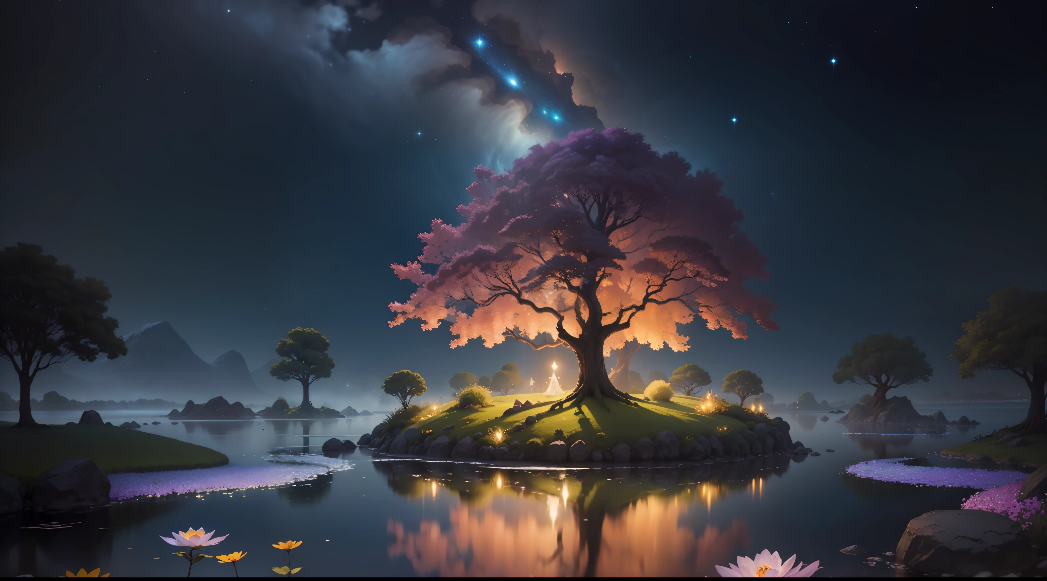 Imagine a breathtaking celestial garden suspended in the vastness of space, bathed in the soft glow of distant stars. The scene is an ethereal blend of natural beauty and cosmic wonder, sure to captivate anyone who gazes upon it.
The centerpiece of the garden is an enchanting, luminescent tree with iridescent leaves that seem to radiate with every color of the rainbow. This mystical tree stands tall and proud, its branches stretching out like tendrils towards the surrounding celestial bodies.
The garden is set upon a floating island, adorned with a carpet of lush, celestial flora. Flowers of unimaginable hues bloom amidst floating rocks, each petal exuding a faint, twinkling glow. Unearthly vines, with tiny star-like fruits, gracefully wrap around crystalline pillars that support the island.
Gentle, cascading waterfalls shimmer with a pearlescent hue, flowing from one floating rock to another, creating a soothing symphony of sound. As the water descends, it forms a small pond, reflecting the surrounding celestial wonders like a mirror.
In the distance, majestic planets and distant galaxies adorn the cosmic horizon, their vibrant colors illuminating the garden with cosmic radiance. Shooting stars streak across the sky, leaving trails of stardust that add a touch of magic to the scenery.
The entire garden is bathed in a surreal, cosmic light, casting soft shadows and creating an atmosphere of serenity and wonder. The twinkling stars above lend an otherworldly charm, inviting viewers to immerse themselves in this celestial oasis.
Overall, "Enchanted Celestial Garden" is a mesmerizing masterpiece that combines the allure of a whimsical garden with the grandeur of the cosmos. It beckons you to escape into a realm where the boundaries of reality and fantasy blur, leaving you with a sense of awe and tranquility.