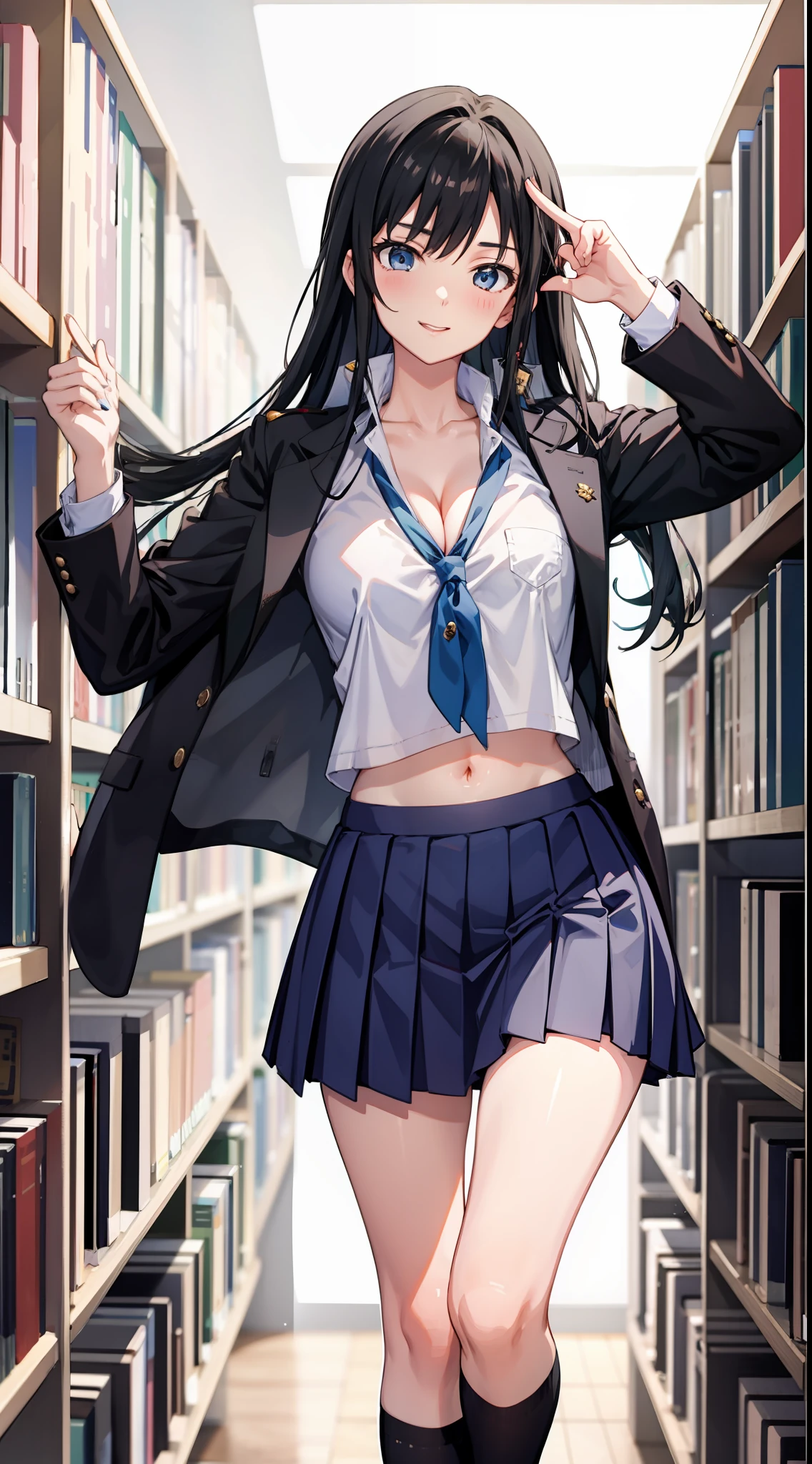 Yukino yukinoshita, long hair, cleavage, navel, slim legs, black hair, blue eyes,  short skirt, thigh high socks, teen, happy, school uniform, library, leaning