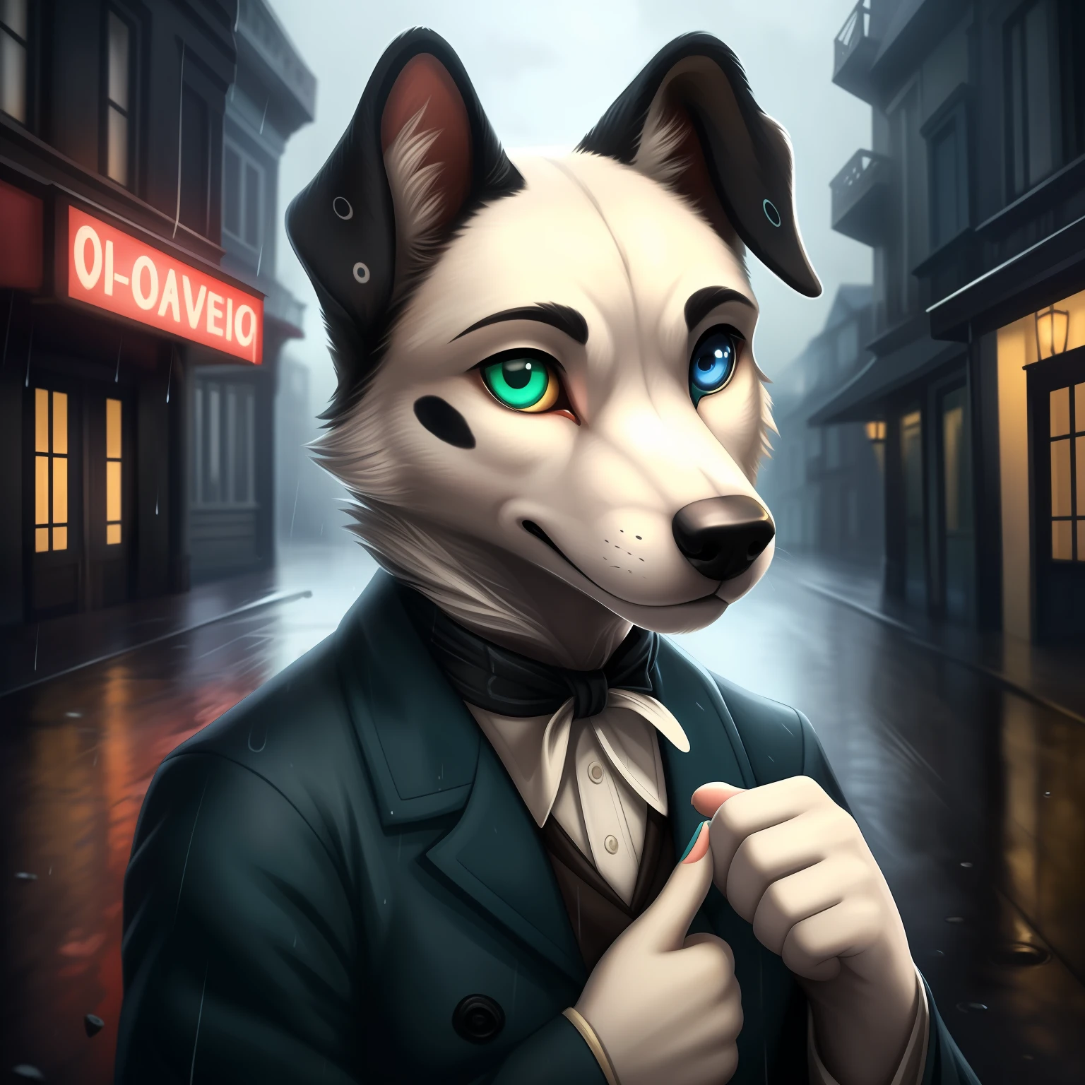 (((White stray dog)))), (((black spot in the left eye))), Heterochromia, green Right eye, blue left eye, pointing ears, dressed in 1920 style, rain, street crossing, digital artwork, digital artwork lighting, high quality, detailed face, masterpiece, global illumination.