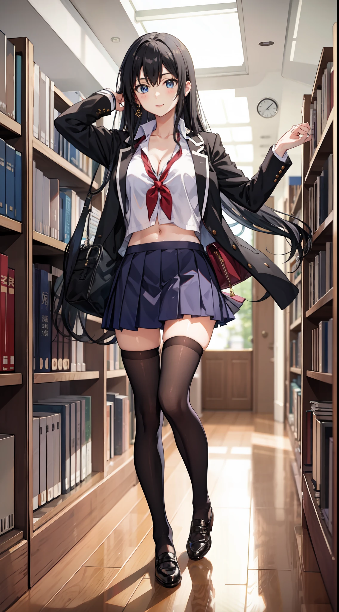 Yukino yukinoshita, long hair, cleavage, navel, slim legs, black hair, blue eyes, short skirt, thigh high socks, , happy, school uniform, library, leaning