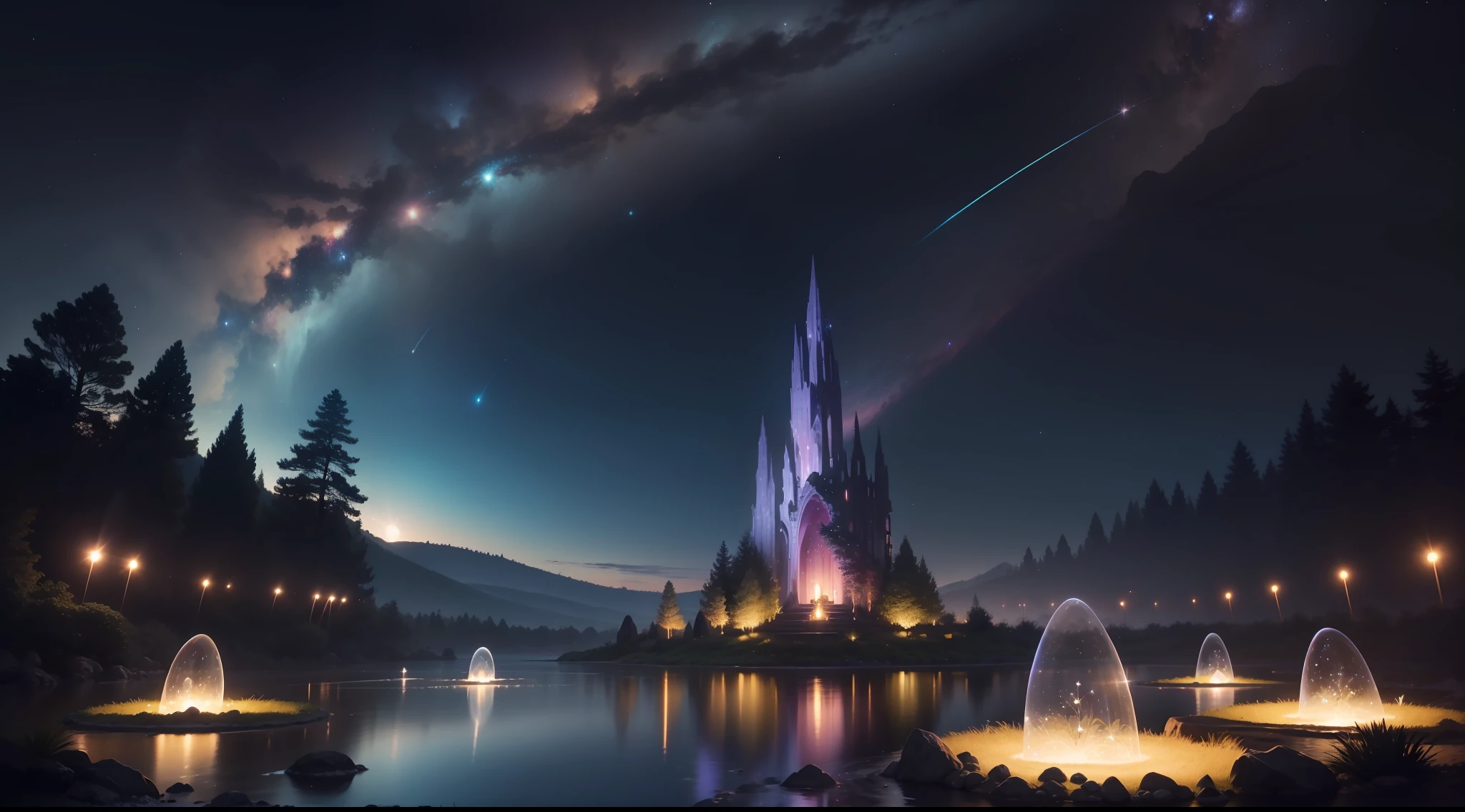 Imagine a breathtaking celestial garden suspended in the vastness of space, bathed in the soft glow of distant stars. The scene is an ethereal blend of natural beauty and cosmic wonder, sure to captivate anyone who gazes upon it.
The centerpiece of the garden is an enchanting, luminescent tree with iridescent leaves that seem to radiate with every color of the rainbow. This mystical tree stands tall and proud, its branches stretching out like tendrils towards the surrounding celestial bodies.
The garden is set upon a floating island, adorned with a carpet of lush, celestial flora. Flowers of unimaginable hues bloom amidst floating rocks, each petal exuding a faint, twinkling glow. Unearthly vines, with tiny star-like fruits, gracefully wrap around crystalline pillars that support the island.
Gentle, cascading waterfalls shimmer with a pearlescent hue, flowing from one floating rock to another, creating a soothing symphony of sound. As the water descends, it forms a small pond, reflecting the surrounding celestial wonders like a mirror.
In the distance, majestic planets and distant galaxies adorn the cosmic horizon, their vibrant colors illuminating the garden with cosmic radiance. Shooting stars streak across the sky, leaving trails of stardust that add a touch of magic to the scenery.
The entire garden is bathed in a surreal, cosmic light, casting soft shadows and creating an atmosphere of serenity and wonder. The twinkling stars above lend an otherworldly charm, inviting viewers to immerse themselves in this celestial oasis.
Overall, "Enchanted Celestial Garden" is a mesmerizing masterpiece that combines the allure of a whimsical garden with the grandeur of the cosmos. It beckons you to escape into a realm where the boundaries of reality and fantasy blur, leaving you with a sense of awe and tranquility.