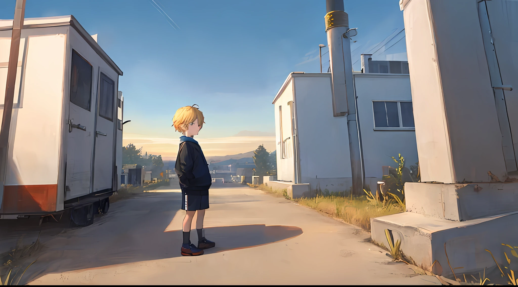 Handsome in sweatshirt with his hand supporting his face(Blonde hair color,Anime face,adolable)(Anime)Sit on the roof,looking at the distance(themoon,rays of moonlight,Moonlight)(Clouds, Blue sky, Sunset)Reflections on life(grieves)Depressed(There is a sense of picture)Good effect,Nice background and beautiful scenery,The picture has a sense of color,Strong sense of picture,Impeccable