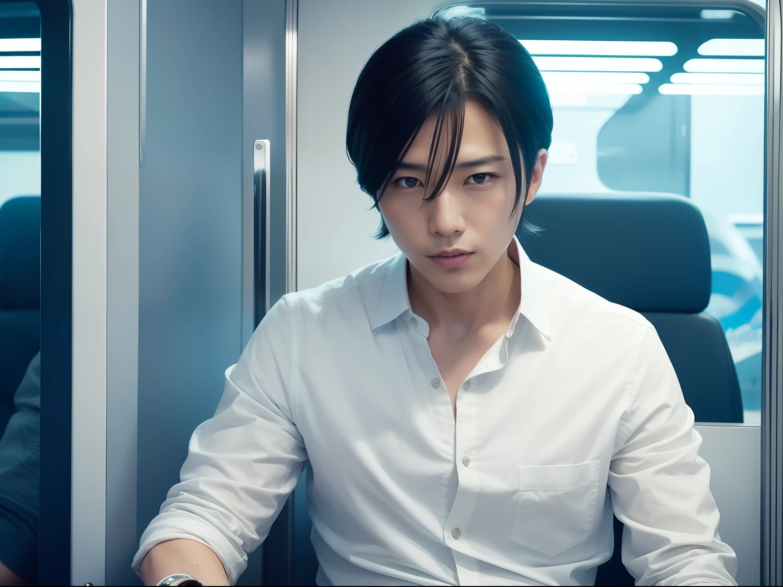realisticlying, best qualtiy, tmasterpiece, Naoya Chijima, A charismatic hairdresser,End on a train in a devastated futuristic world without food,He found himself struggling to survive in extreme conditions,Water or communication。