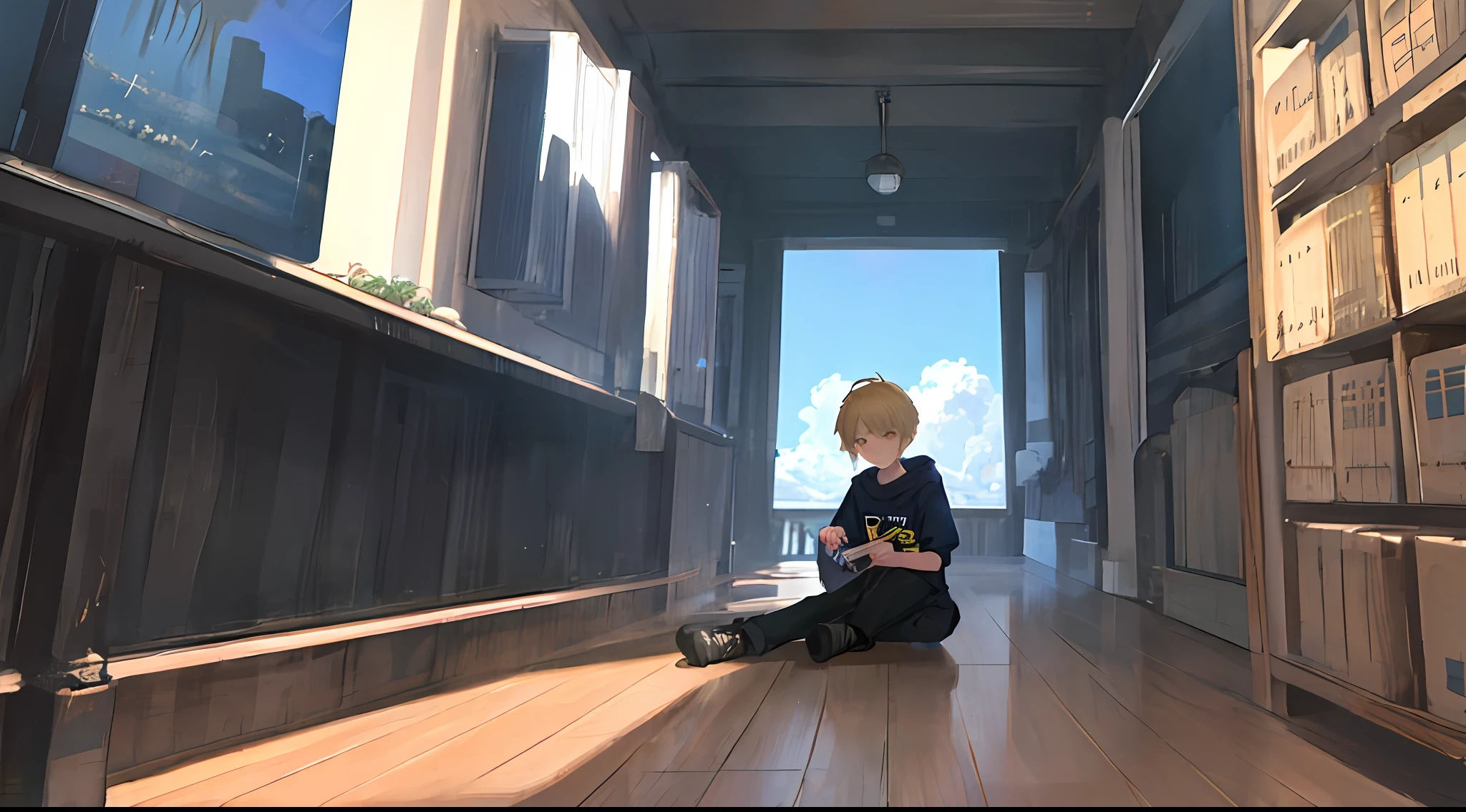 Handsome boy in sweatshirt with his hand supporting his face(Blonde hair color,Anime face,adolable)(Anime)Sit on the roof,looking at the distance(themoon,rays of moonlight,Moonlight)(Clouds, Blue sky, Sunset)Reflections on life(grieves)Depressed(There is a sense of picture)Good effect,Nice background and beautiful scenery,The picture has a sense of color,Strong sense of picture,Impeccable