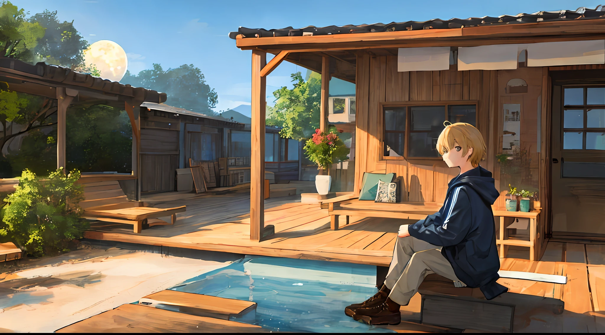 Handsome  boy in sweatshirt with his hand supporting his face（Blonde hair color，Anime face，adolable）（Anime）Sit on the roof，looking at the distance（themoon，rays of moonlight，Moonlight）（Clouds, Blue sky, Sunset）Reflections on life（grieves）Depressed（There is a sense of picture）Good effect，Nice background and beautiful scenery，The picture has a sense of color，Strong sense of picture，Impeccable