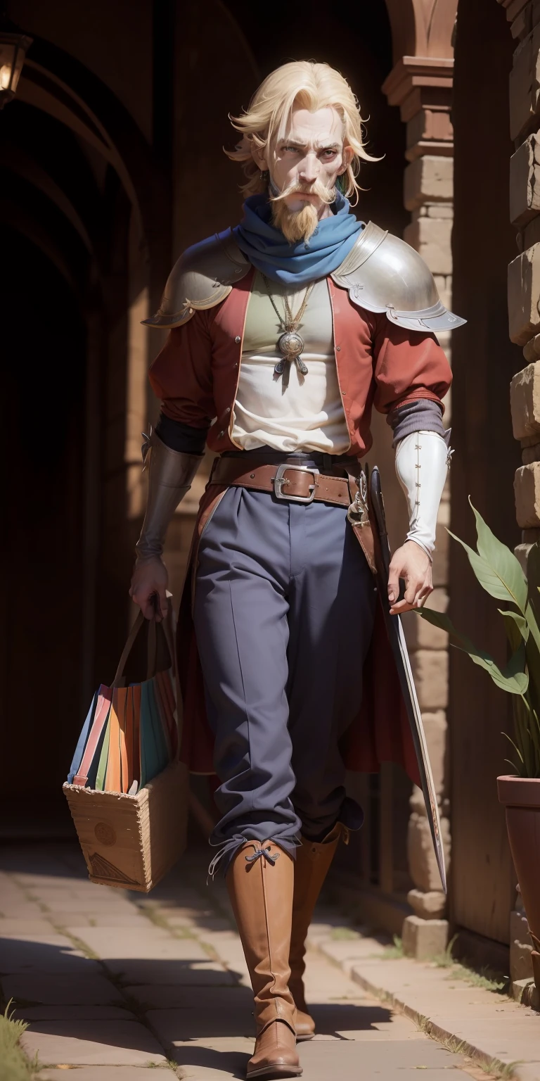"Desenho, desenho animado, Dom Quixote de La Mancha, Jester, Arlequin, Renaissance, tunica, Renaissance gibbon, meias coloridas, meias sortidas, half pants, bota de couro, cano alto, pernas magras, formarto do corpo triangular, narigudo, nose of Pinocchio Don Quixote, bobo da corte, coringa, anime, estilo anime, Cervantes"