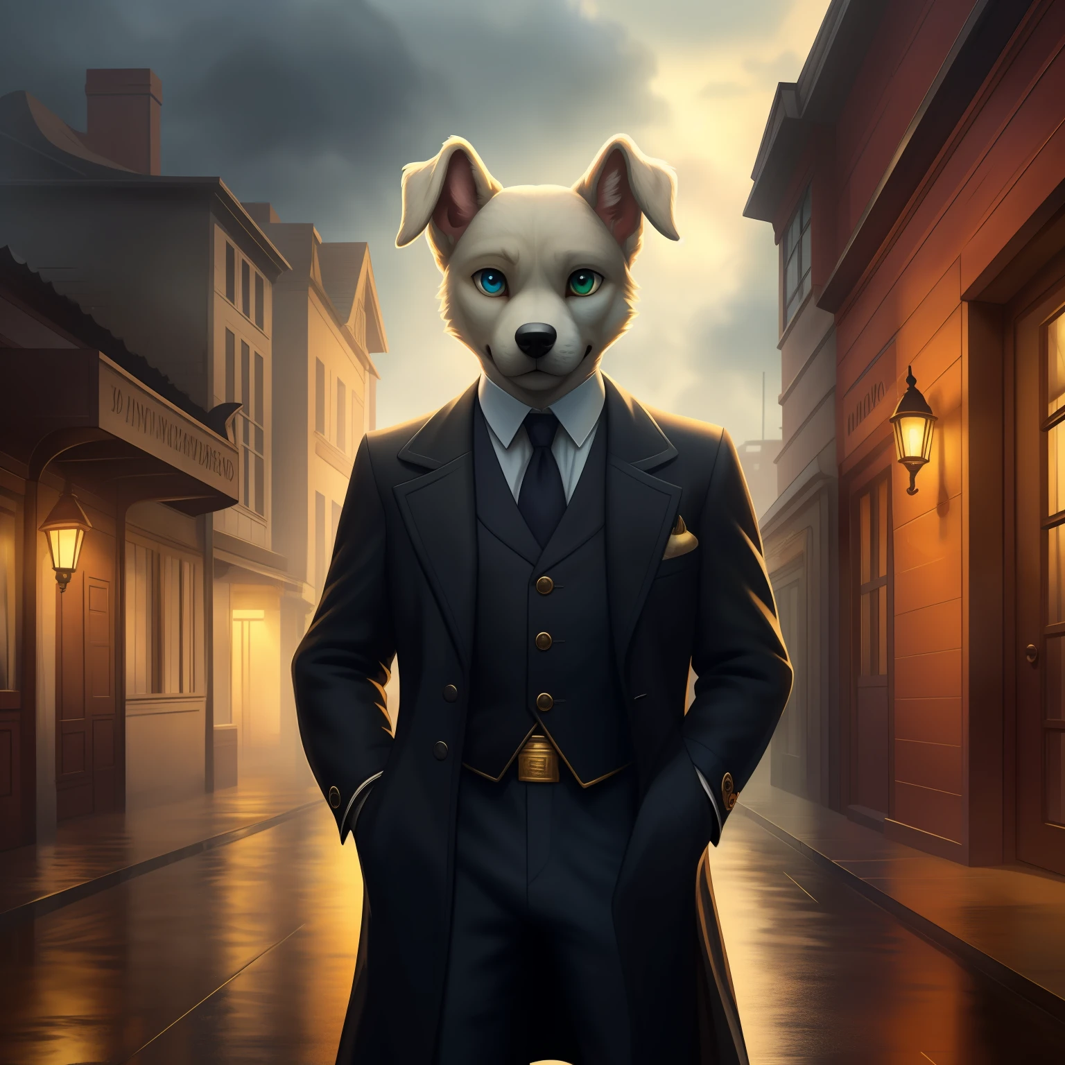 (((Male White dog)))), (((black spot in the near the eye))), e621, Heterochromia, green Right eye, blue left eye, (high detailed eyes 1.2), pointing ears, (wearing a 1920 style coat), (wearing a 1920 style social pants), peaky blinders, solo, full body, Holding a wooden bolt action rifle, rain, street crossing, digital artwork, digital artwork lighting, high quality, detailed face, masterpiece, global illumination.