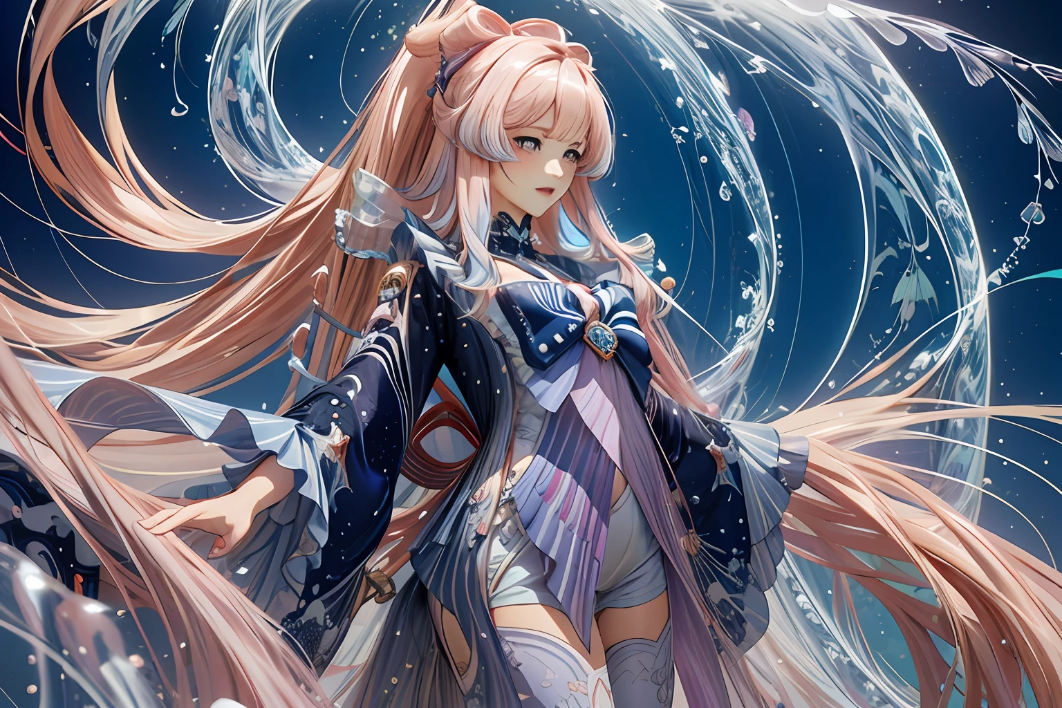 (masterpiece, top quality, best quality, official art, beautiful and aesthetic:1.2), (1girl),extreme detailed,(fractal art:1.5),colorful,highest detailed,[pink waves| iridescent pearls]hair, very long hair,(Scattered), (flowing hair:1.5),floating pastel pink hair, translucent clothes, big bow on her chest, surrounded by pearls and seashells, underwater, cinematic light, dark blue long sleeves, long white stockings, bubbles, jellyfish