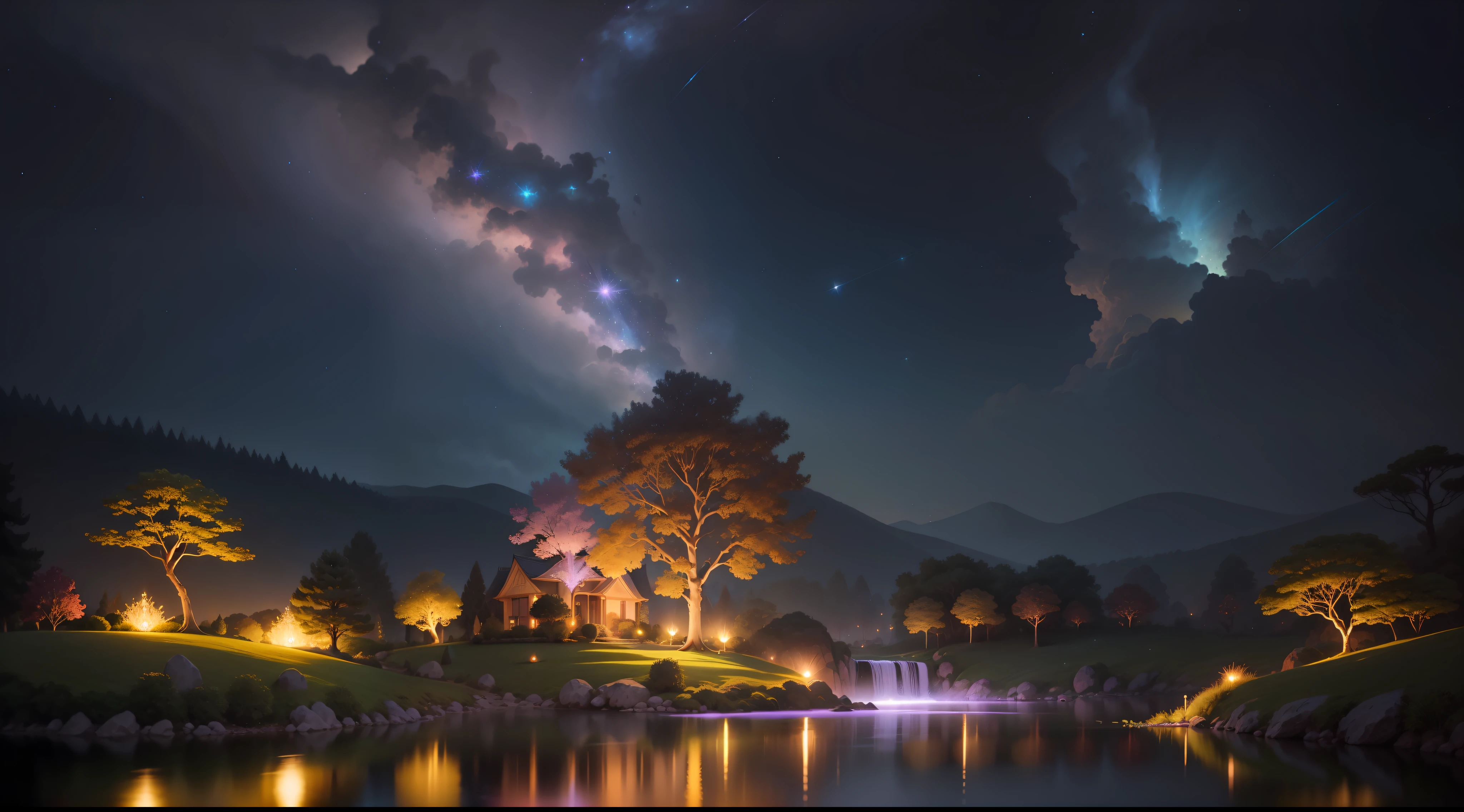 Imagine a breathtaking celestial garden suspended in the vastness of space, bathed in the soft glow of distant stars. The scene is an ethereal blend of natural beauty and cosmic wonder, sure to captivate anyone who gazes upon it.
The centerpiece of the garden is an enchanting, luminescent tree with iridescent leaves that seem to radiate with every color of the rainbow. This mystical tree stands tall and proud, its branches stretching out like tendrils towards the surrounding celestial bodies.
The garden is set upon a floating island, adorned with a carpet of lush, celestial flora. Flowers of unimaginable hues bloom amidst floating rocks, each petal exuding a faint, ling glow. Unearthly vines, with tiny star-like fruits, gracefully wrap around crystalline pillars that support the island.
Gentle, cascading waterfalls shimmer with a pearlescent hue, flowing from one floating rock to anoth creating a soothing symphony of sound. As the water descends, it forms a small pond, reflecting the surrounding celestial wonders like a mirror.
In the distance, majestic planets and distant galaxies adorn the cosmic horizon, their vibrant colors illuminating the garden with cosmic radiance. Shooting stars streak across the sky, leaving trails of stardust that add a touch of magic to the scenery.
The entire garden is bathed in a surreal, cosmic light, casting soft shadows and creating an atmosphere of serenity and wonder. The twinklinrs above lend an otherworldly charm, inviting viewers to immerse themselves in this celestial oasis.
Overall, "Enchanted Celestial Garden" is a mesmerizing masterpiece that combines the allure of a whimsical garden with the grandeur of the cosmos. It beckons you to escape into a realm where the boundaries of reality and fantasy blur, leaving you with a sense of awe and tranquility.