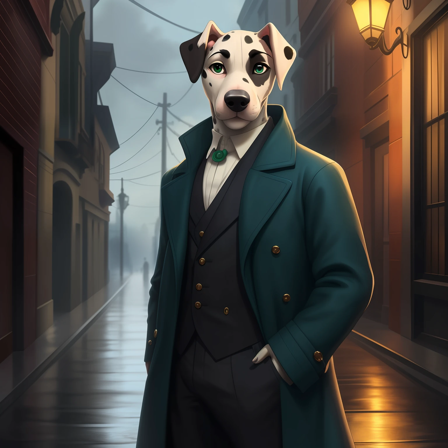 (((Stray dalmatian dog mix)))), male, (((black spot in the near the eye))), (((Heterochromia))), (((green Right eye))), (((blue left eye))), (high detailed eyes 1.2), pointing ears, (wearing a 1920 style coat), (wearing a 1920 style social pants), peaky blinders, solo, full body, rain, street crossing, digital artwork, digital artwork lighting, high quality, detailed face, masterpiece, global illumination.
