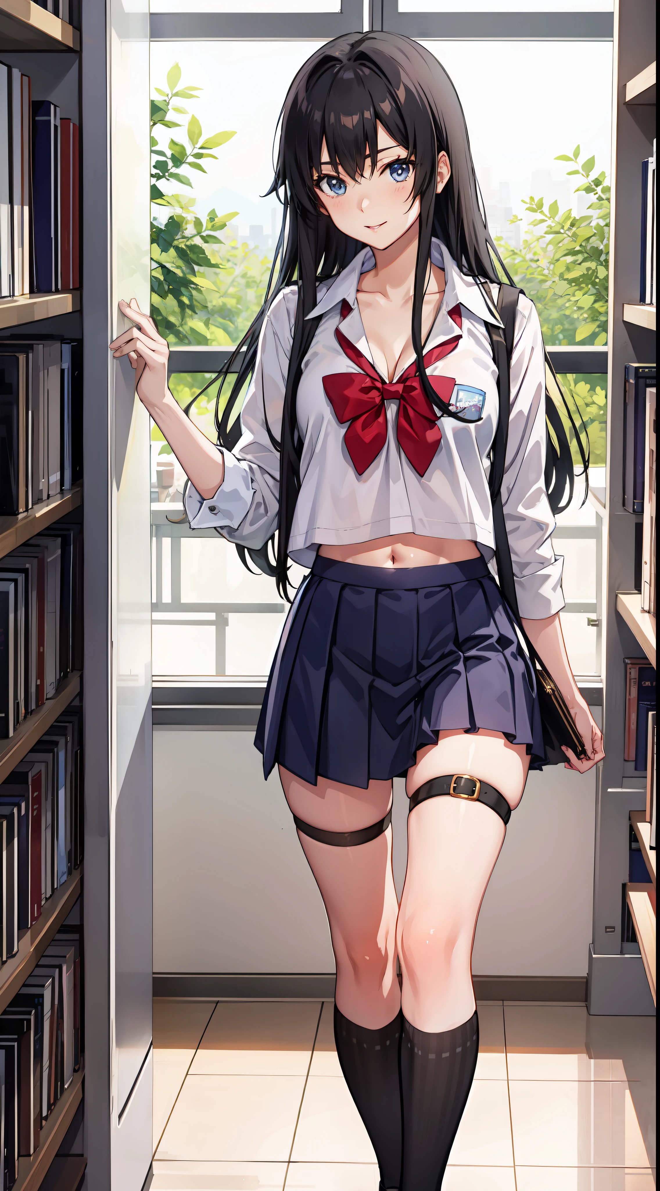 Yukino yukinoshita, long hair, cleavage, navel, slim legs, black hair, blue eyes, short skirt, thigh high socks, teen, happy, school uniform, library, leaning
