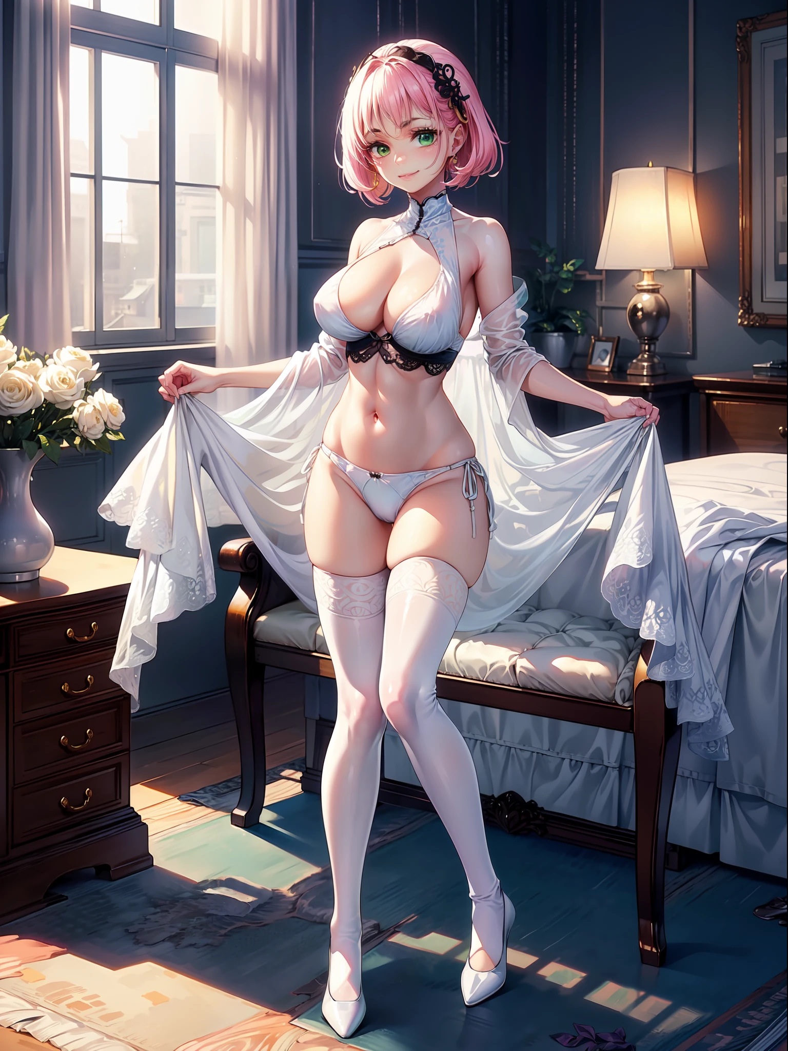 {((1woman))}, ((wearing clothing made of extremely transparent white ceda and panties made of extremely transparent and tight white ceda on the body, no bra, long white socks transparent up to the cochas)), ((short straight pink hair, shimmering green eyes)), ((has extremely large breasts)), only she is ((looking at the viewer, giving a small smile, doing erotic pose, standing)), ((in a hotel room, in front of a window, furniture)), (((full body))), 16k, UHD, Better quality, better resolution, better detail,