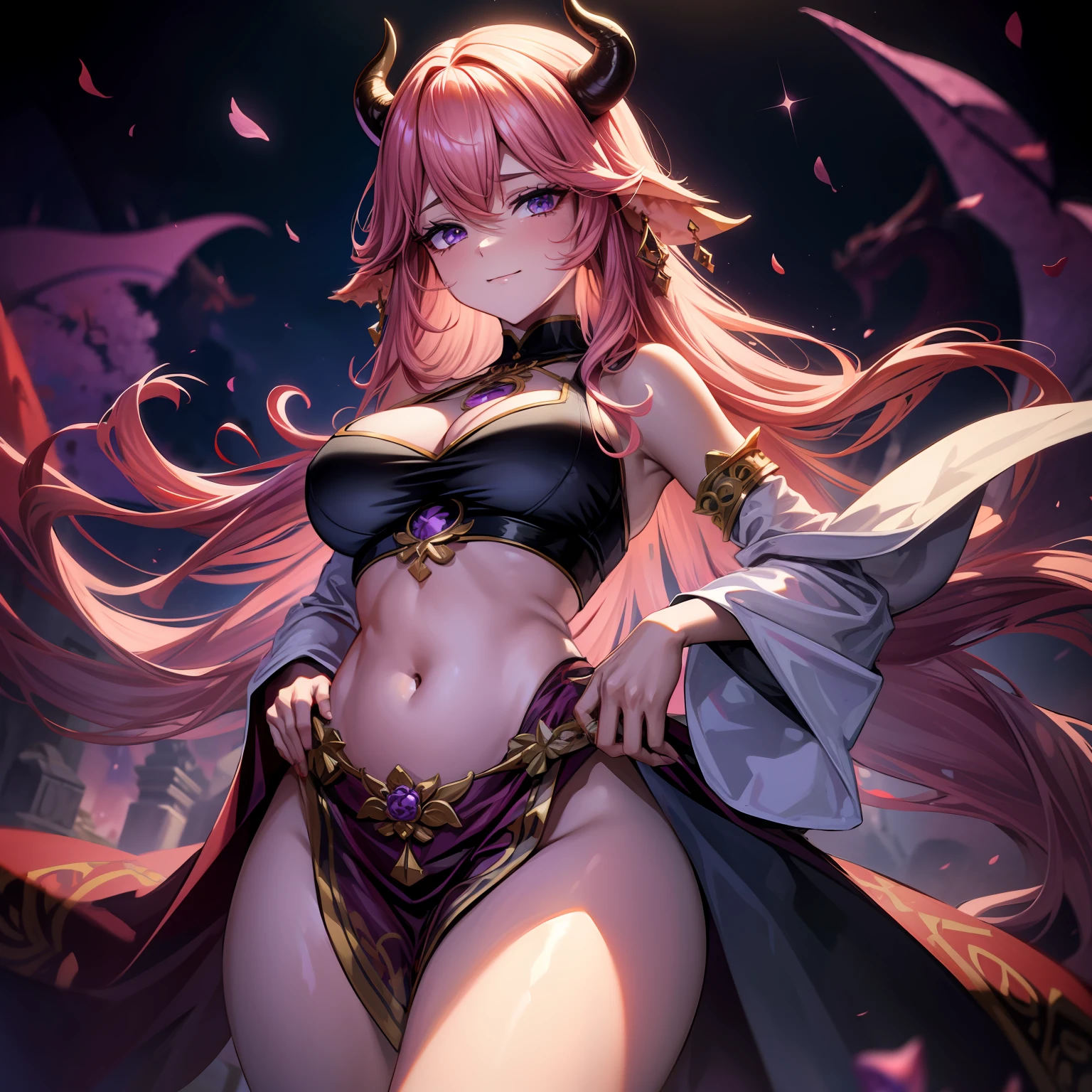 A female demon milf with black demon horn with wet dress, vestido transparente molhando, belly belly button visible, belly visible, ((demon horn)), cabelo de rapunzel cor-de-rosa extremamente longo, ((Cabelo de rapunzel cor-de-rosa)), with purple mist with purple energy particles and floor with red liquidcom, corpo volumoso com seios e busto enormes, ((seio e busto enormes)), olhar perverso e vazio sem brilho nos olhos olhando para o espectador, proeminentemente em suas pernas e seios;, destaque nos seios e no cabelo, Pose sexy, Pose sexualizada, agarrando os seios ;, Moda realista, sysie high definition details, fotografia, perspicacity, unique 850 4, Koda850 k portrait camera, Primavera F1.6, cores ricas, Textura super realista, textura de luz espetacular, arte surreal, Cinestil 800 mecanismo de moda.