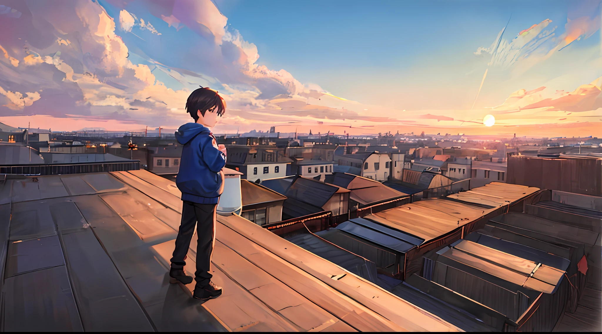 Handsome in sweatshirt(Cartoon feel)Sit on the roof,looking at the distance(themoon)(Clouds, Blue sky, Sunset)Grief and thinking about life(grieves)Depressed(There is a sense of picture)Good effect,Nice background and beautiful scenery,Pictures have colors