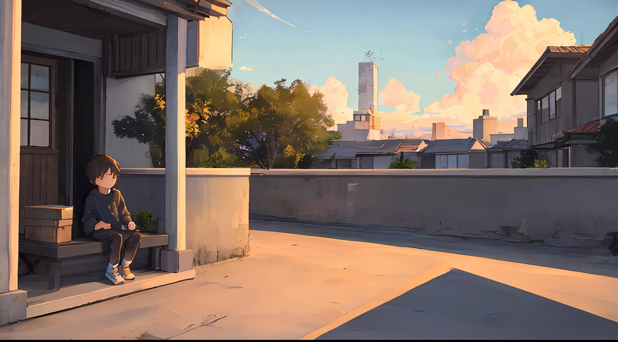 Handsome in sweatshirt(Cartoon feel)Sit on the roof,looking at the distance(themoon)(Clouds, Blue sky, Sunset)Grief and thinking about life(grieves)Depressed(There is a sense of picture)Good effect,Nice background and beautiful scenery,Pictures have colors